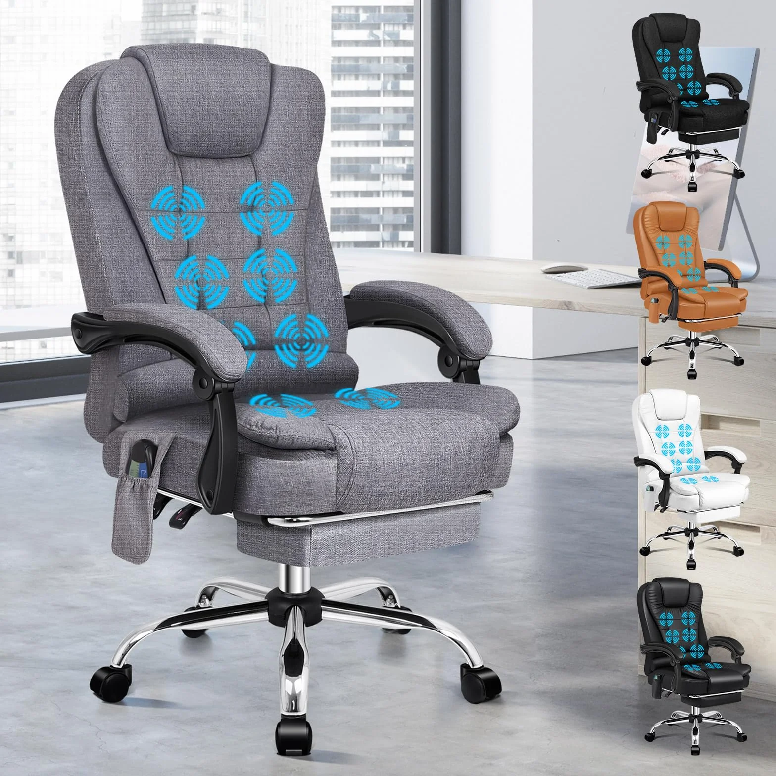 ALFORDSON Ergonomiczne krzesło biurowe, z funkcją masażu ciepła, lniane krzesło komputerowe z wyściełanymi podłokietnikami i miękkim zagłówkiem, krzesło obrotowe z kółkami, szare