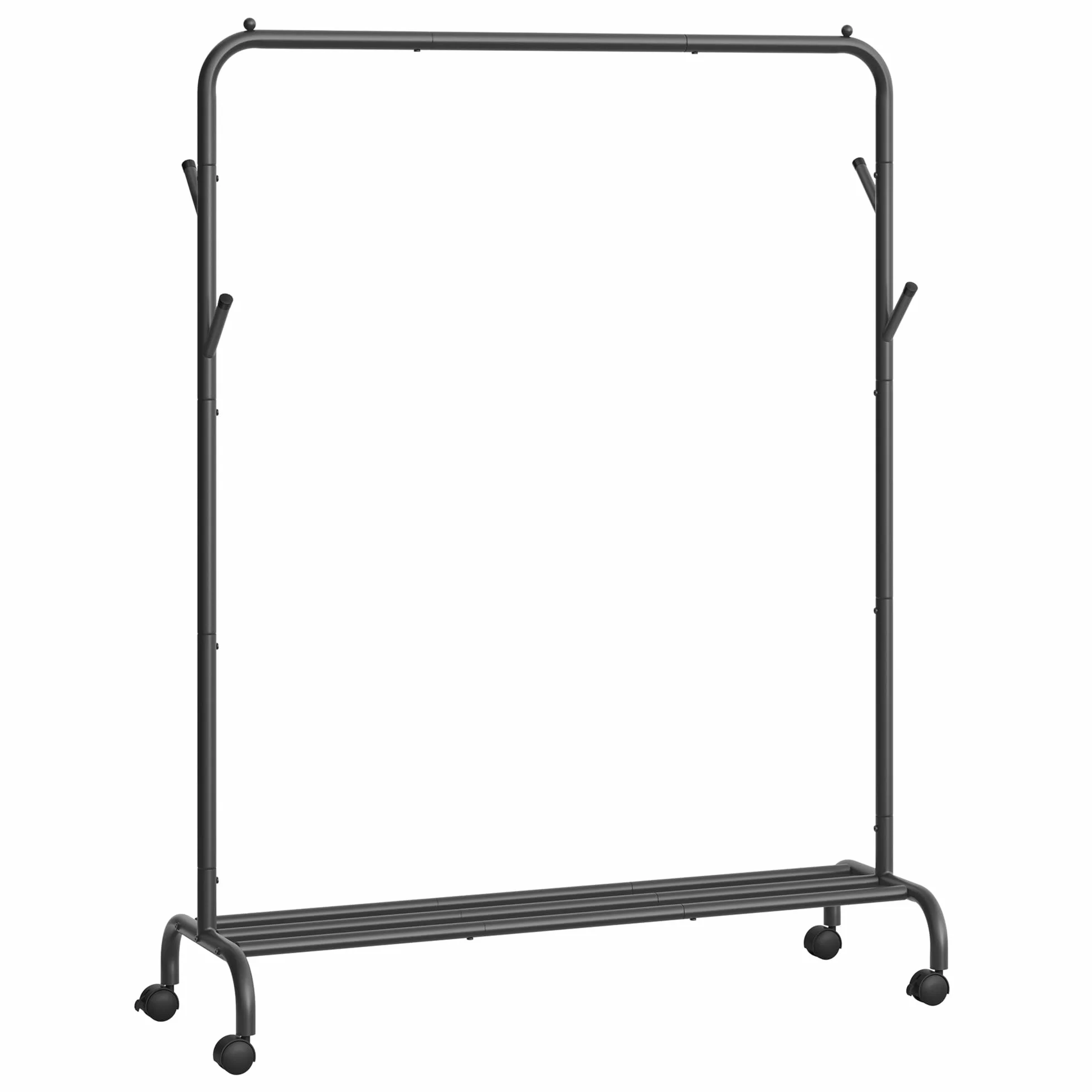 SONGMICS Wieszak na ubrania, wieszak na ubrania, pojedynczy wieszak na ubrania, wytrzymała metalowa rama, z kółkami i półką, maks. obciążenie 50 kg, szerokość 103,5 cm, przechowywanie odzieży, czarny