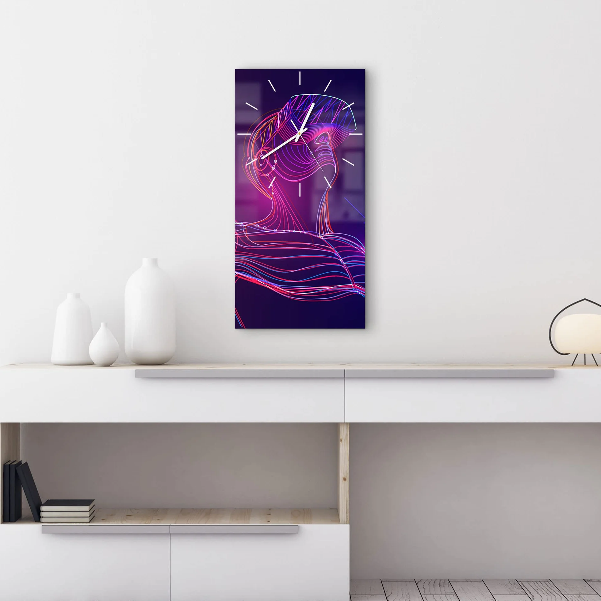 DEQORI Szklany zegar | poziomy 30 x 60 cm | motyw mężczyzny z okularami VR | duży zegar XXL ze szkła | cichy zegar ścienny do salonu i kuchni | nowoczesny zegar przyciągający wzrok na ścianę