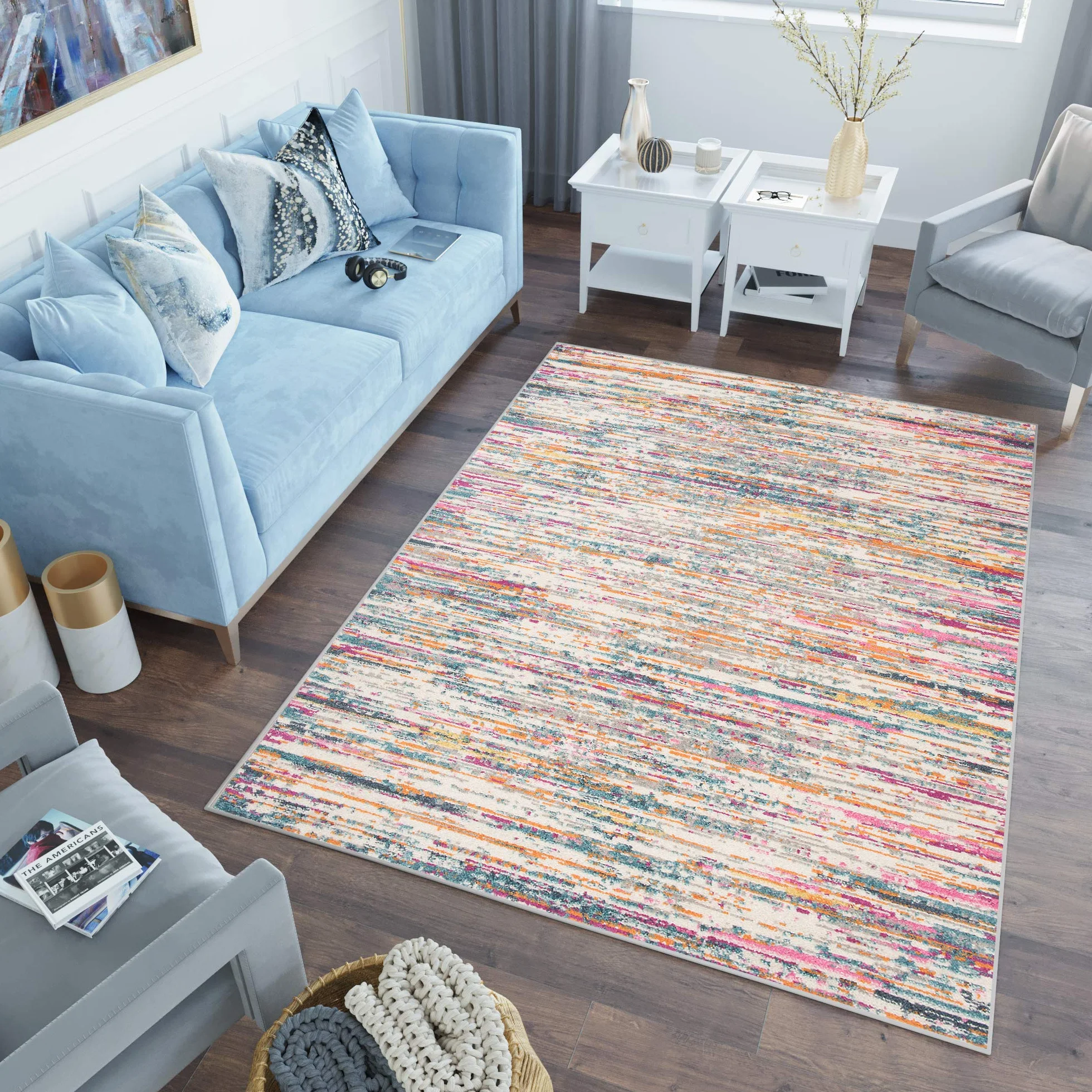 Tapiso Lazur dywan z krótkim włosiem, nowoczesny design, szary, niebieski, kremowy, pomarańczowy, różowy, rozmazywany paski, melanż, do salonu, sypialni, Ökotex 120 x 170 cm