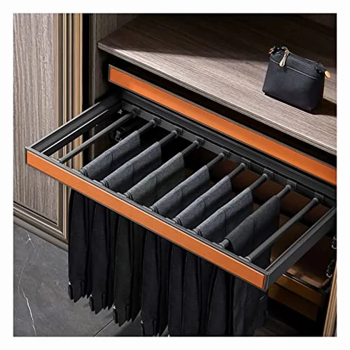 Regulowany stojak na spodnie z systemem buforowym, oszczędzający miejsce, wysuwany wieszak na ubrania, do dżinsów, szalików i akcesoriów, idealny nizer do garderoby dla małych rozmiarów