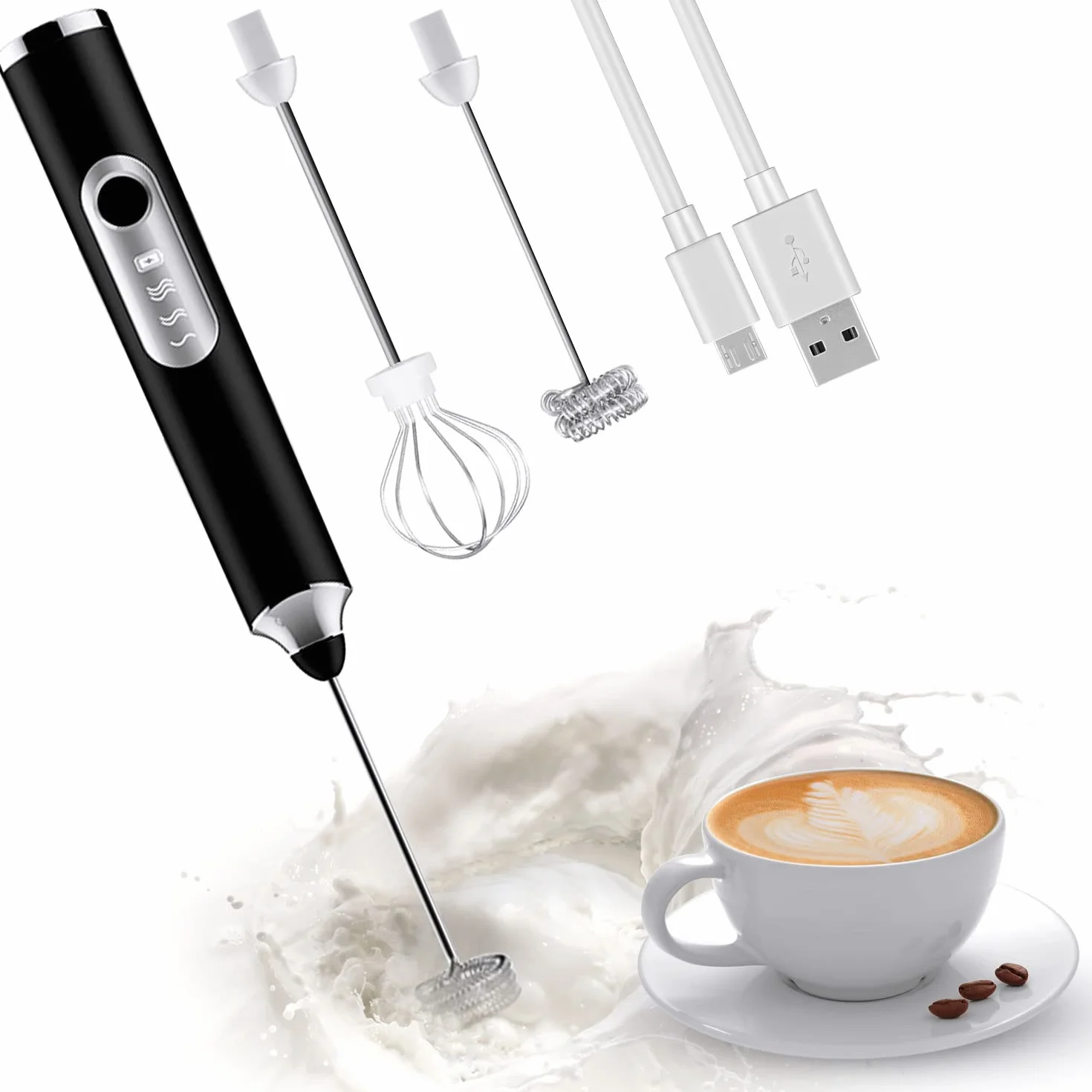 ADOV Ręczny spieniacz do mleka, elektryczna trzepaczka do kawy z kompaktowymi 2 głowicami, 3-biegowy mikser piankowy, bezprzewodowy mini trzepaczka do latte, cappuccino, matcha, gorącej czekolady