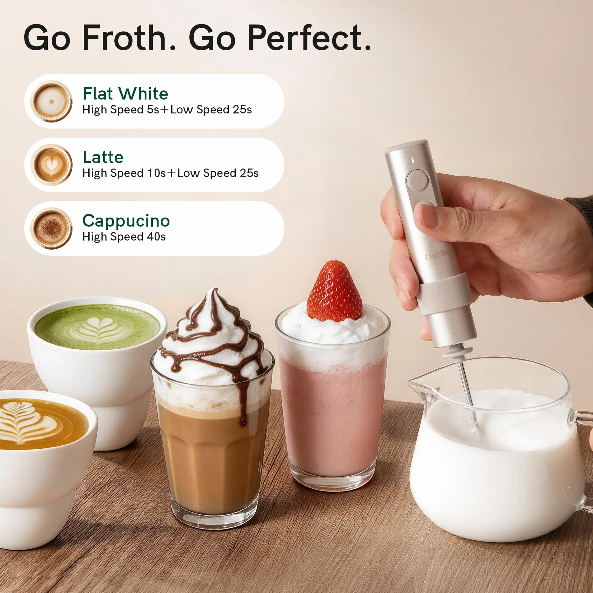 OutIn LattoGo Spieniacz do Mleka, Przenośny Mikser do Kawy i Latte Art, Akumulatorowy (USB-C) Ubijak Baristy (z Etui Podróżnym)