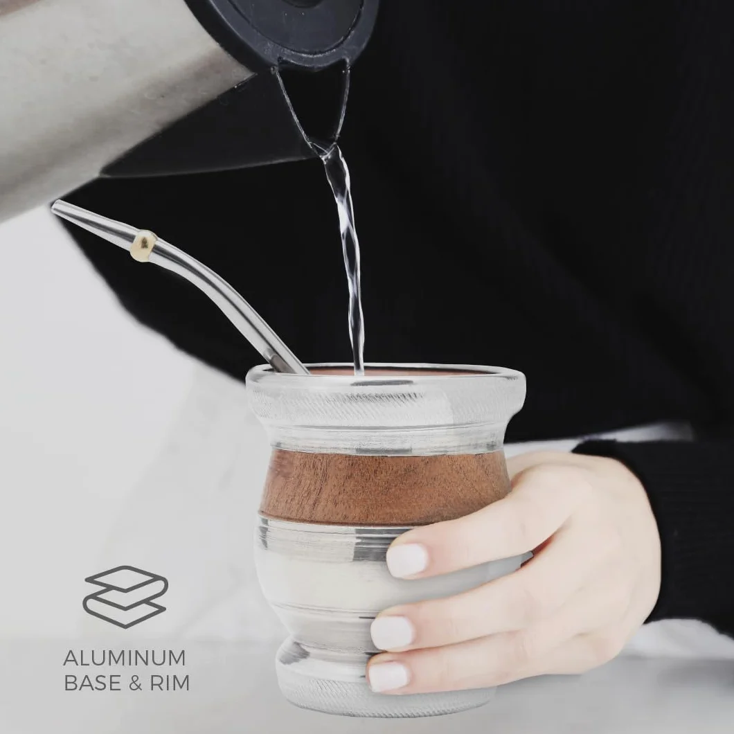 BALIBETOV Yerba Mate zestaw tykwy drewnianej – tradycyjny chleb świętojański i aluminiowy (kubek mate) z bombillą (słomka Yerba Mate) (drewno z aluminiową podstawą) (drewno karobowe z aluminiową