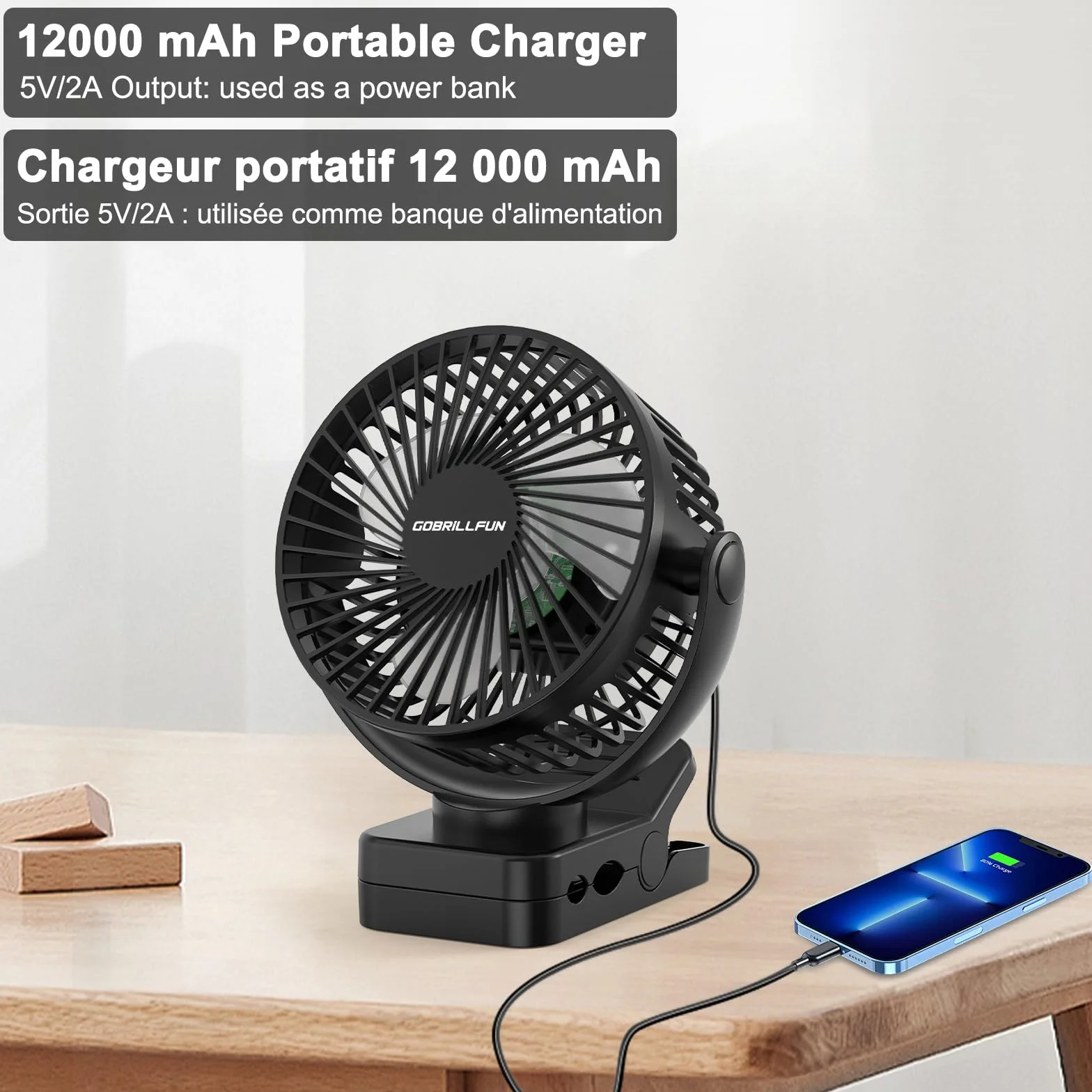 Wentylator z klipsem 15,2 cm (6"), akumulator 12000 mAh, z pilotem zdalnego sterowania, USB do ponownego ładowania ze światłami LED, 3 prędkości, wentylator na baterie z timerem (czarny)