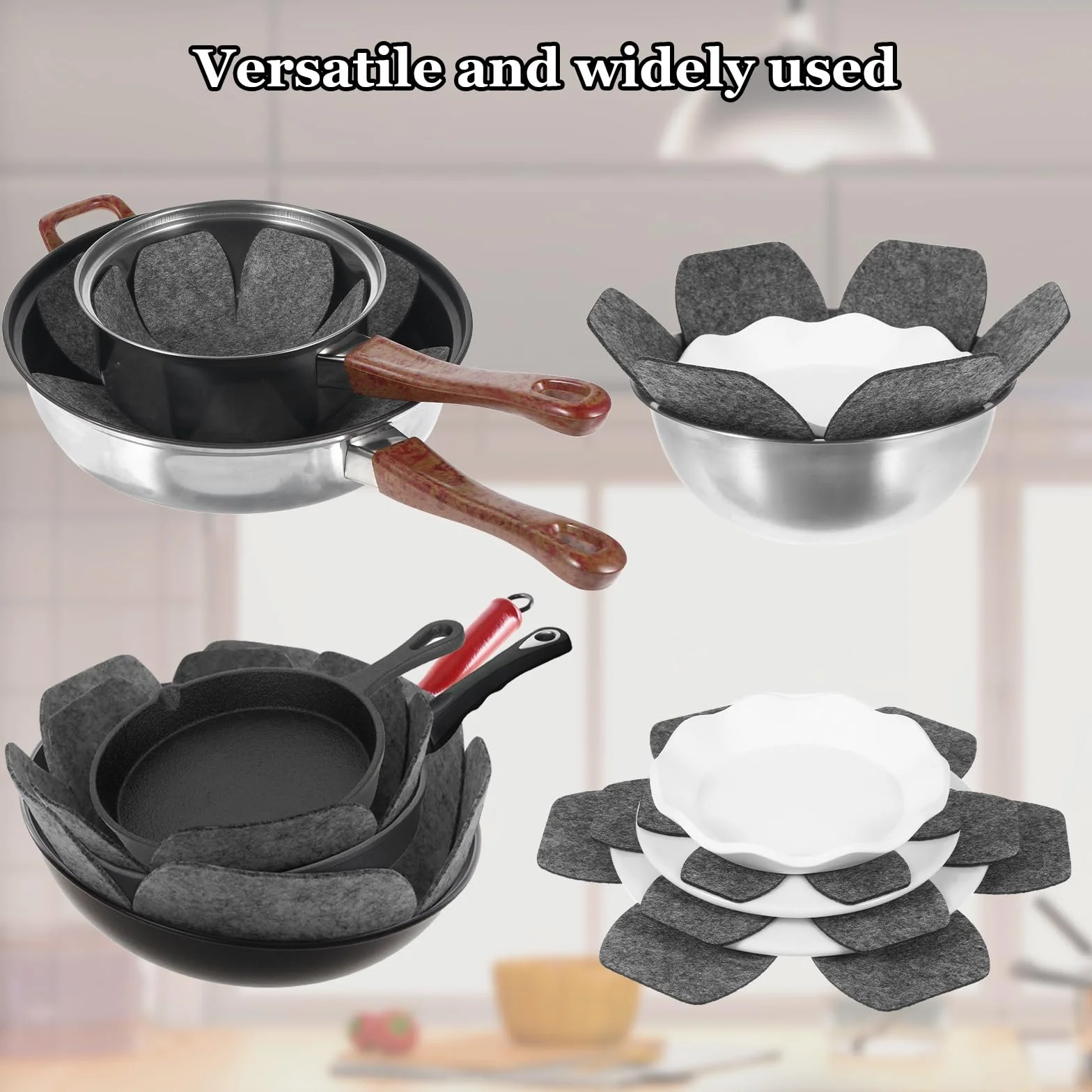 Ochraniacze patelni do układania w stos, większe i grubsze ochraniacze garnków, antypoślizgowe przegrody do garnków, filcowe separatory patelni do szklanych/ceramicznych naczyń kuchennych, oszczędność
