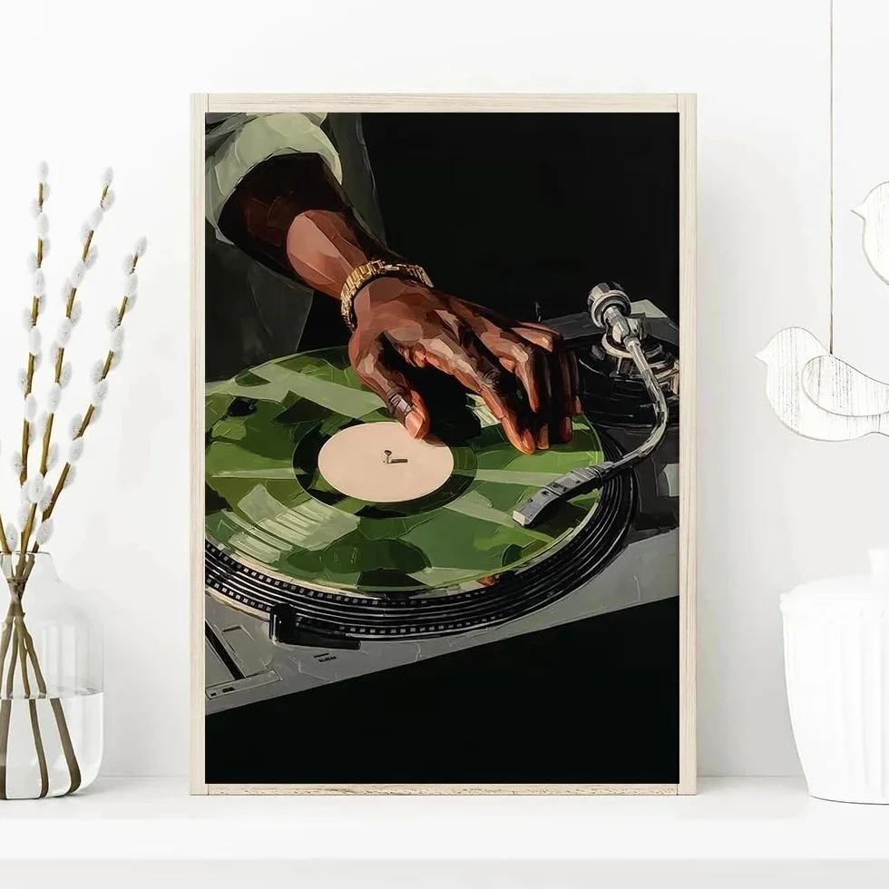 LZJAGXX Vintage płyta winylowa muzyka sztuka ścienna plakat wydruk obraz na płótnie czarny człowiek DJ wydruk na płótnie obraz do salonu dekoracja (80 x 120 cm)