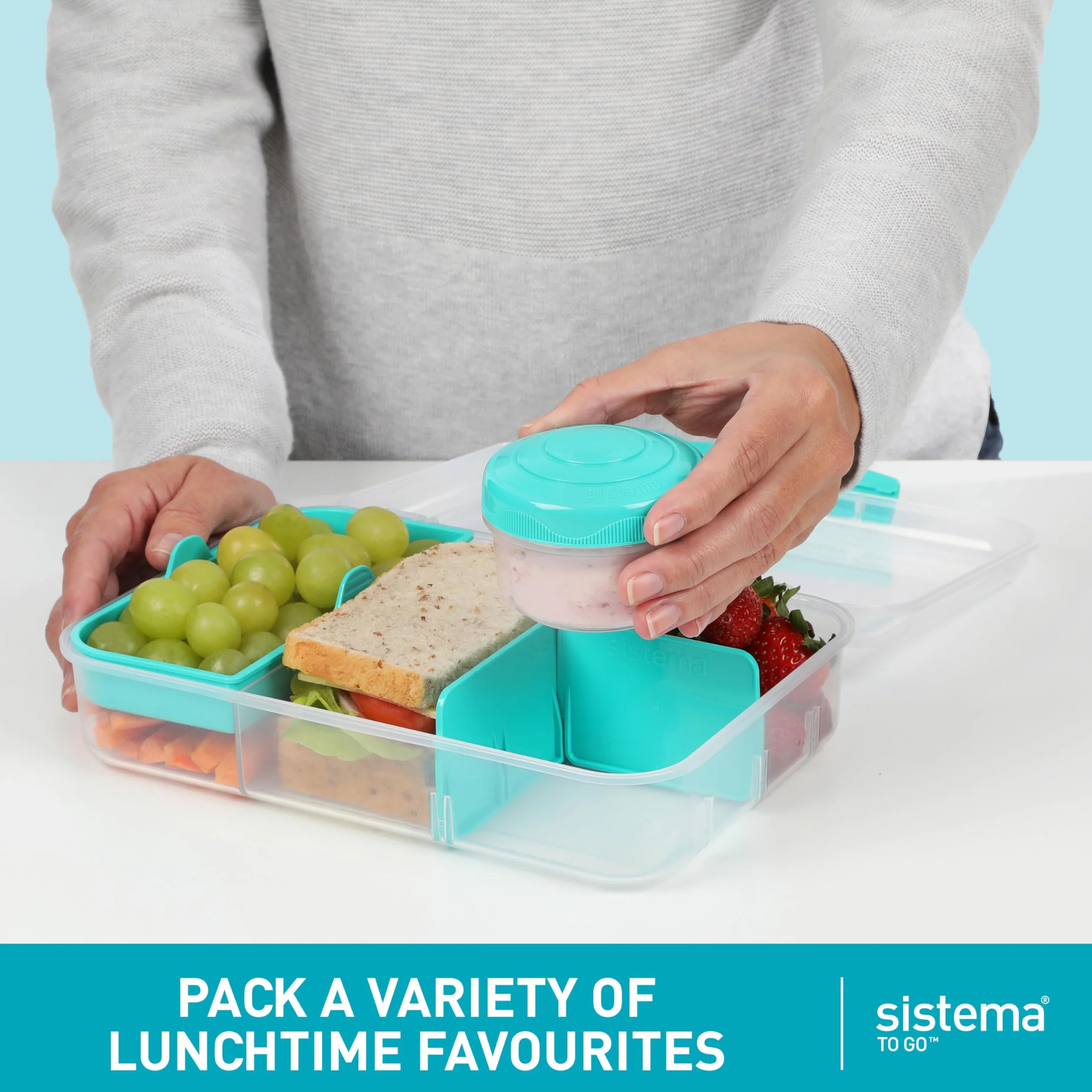 Sistema TO GO Bento Box Create | 1,48 l | szkolne pudełka na lunch z przegródkami i pojemnikiem na przekąski, bez BPA, 2 sztuki, miętowy turkusowy