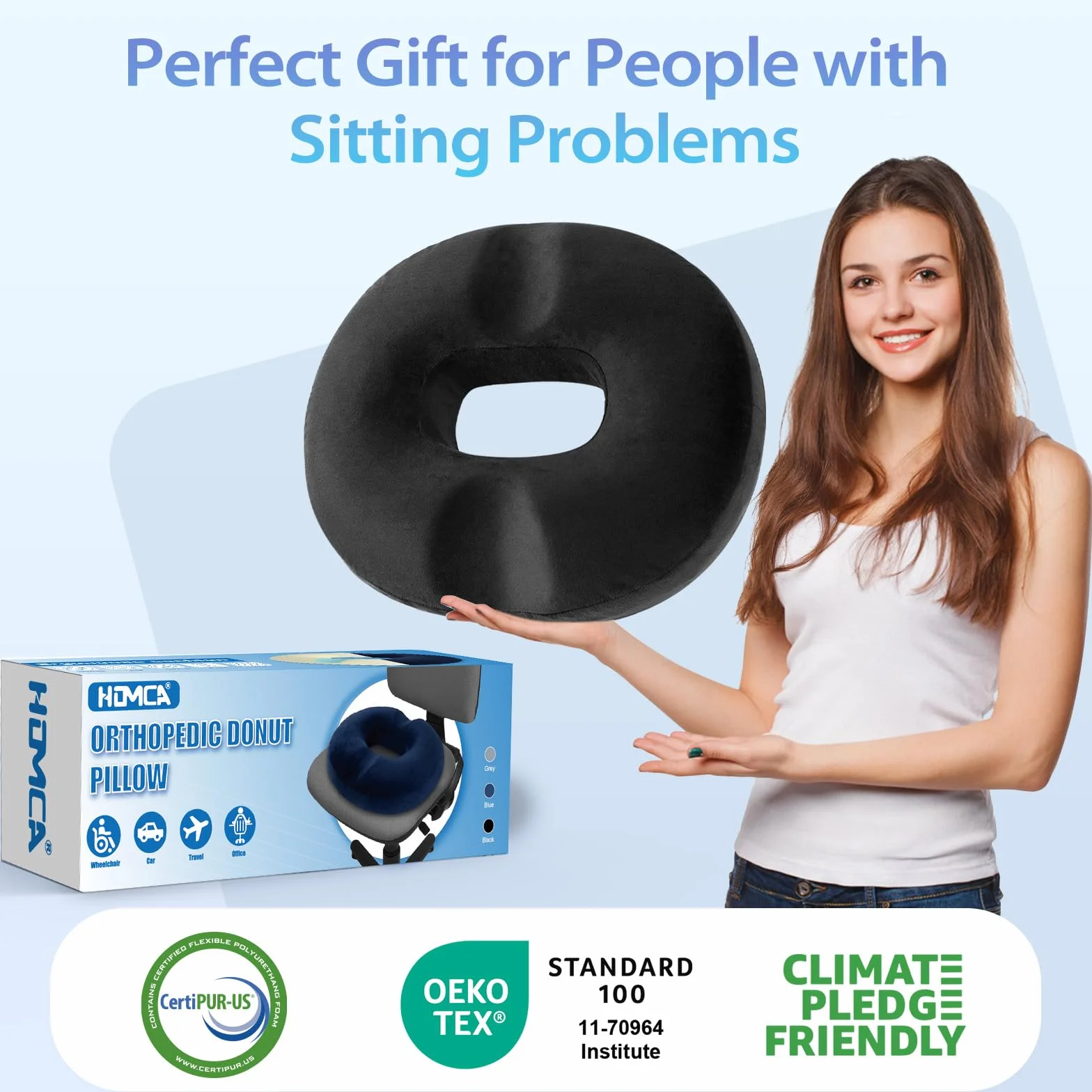 HOMCA Poduszka do siedzenia na hemoroidy, ortopedyczna, donut z pianki memory, ergonomiczna poduszka do siedzenia na wózkach inwalidzkich, samochody i krzesła biurowe, 45x40x9cm
