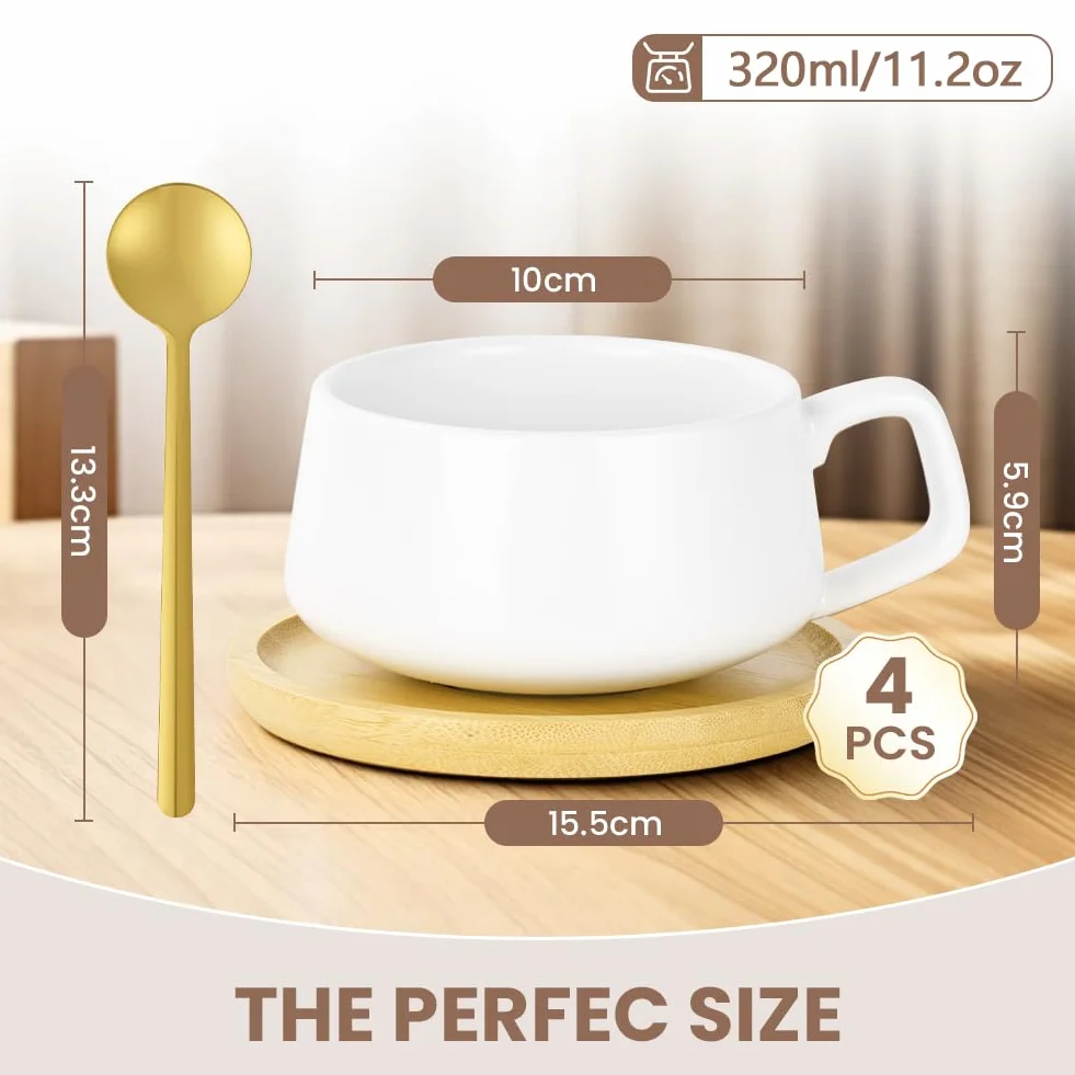 Zestaw filiżanek i spodków do cappuccino, 4 szt. porcelanowych filiżanek do kawy espresso ze spodkiem i łyżeczką, szerokie filiżanki do cappuccino 320 ml, zestaw ceramicznych filiżanek do