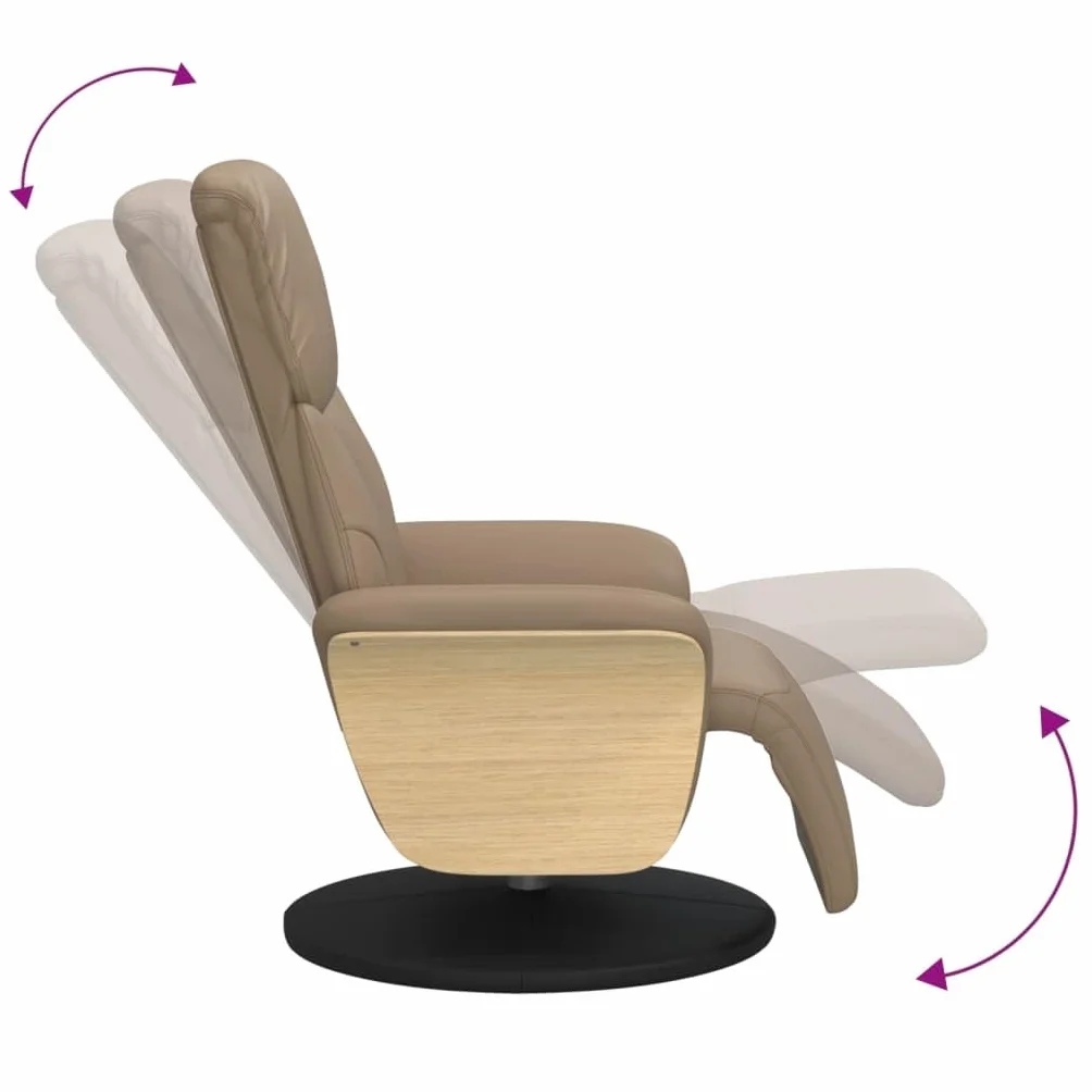 Fotel relaksacyjny z podnóżkiem, kolor brązowy cappuccino, sztuczna skóra, regulowany, obrotowy, z podłokietnikami, ergonomiczny, do salonu, sypialni, biura, relaksu, czytania, oglądania