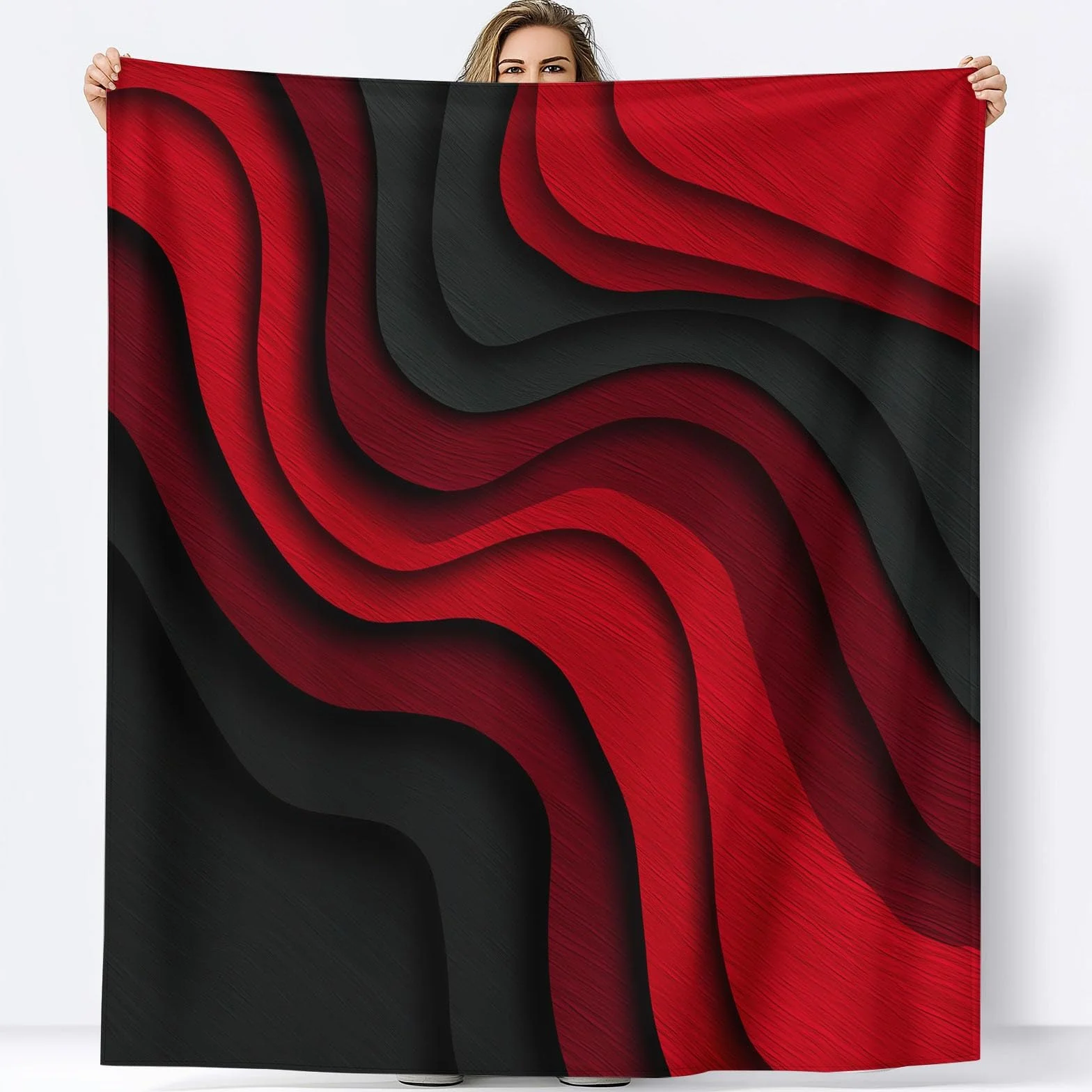Flanelowy koc polarowy abstrakcyjne linie i prostota pled polarowy, narzuta na sofę Wygodny dwuosobowy koc na łóżko w kratę zimowy, 220 x 240 cm czerwono-czarny