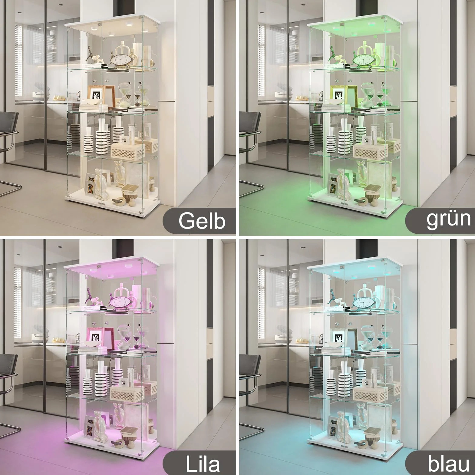 Szklana witryna LED, szafka prezentacyjna do kolekcji, 2 drzwiczki, 4 półki, gablota, figurka, salon, bar (4 piętra 2 drzwi+efekt lustra LED, biała)
