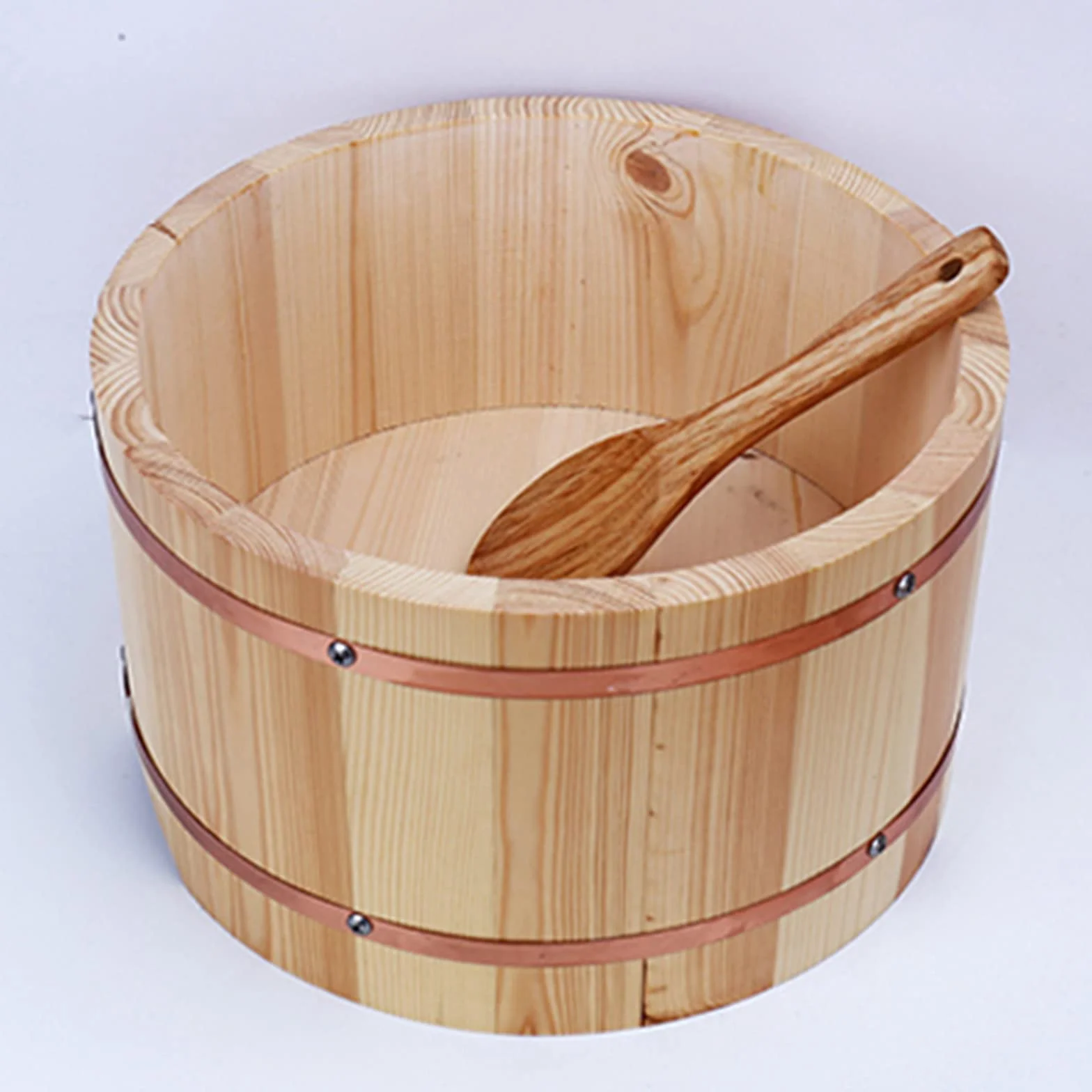 Japońska miska do ryżu Sushi-Hangiri Sushi Oke pojemnik do mieszania ryżu pojemnik na jedzenie z miedzianą opaską do domowej kuchni restauracji, 24 cm/9,5 cala