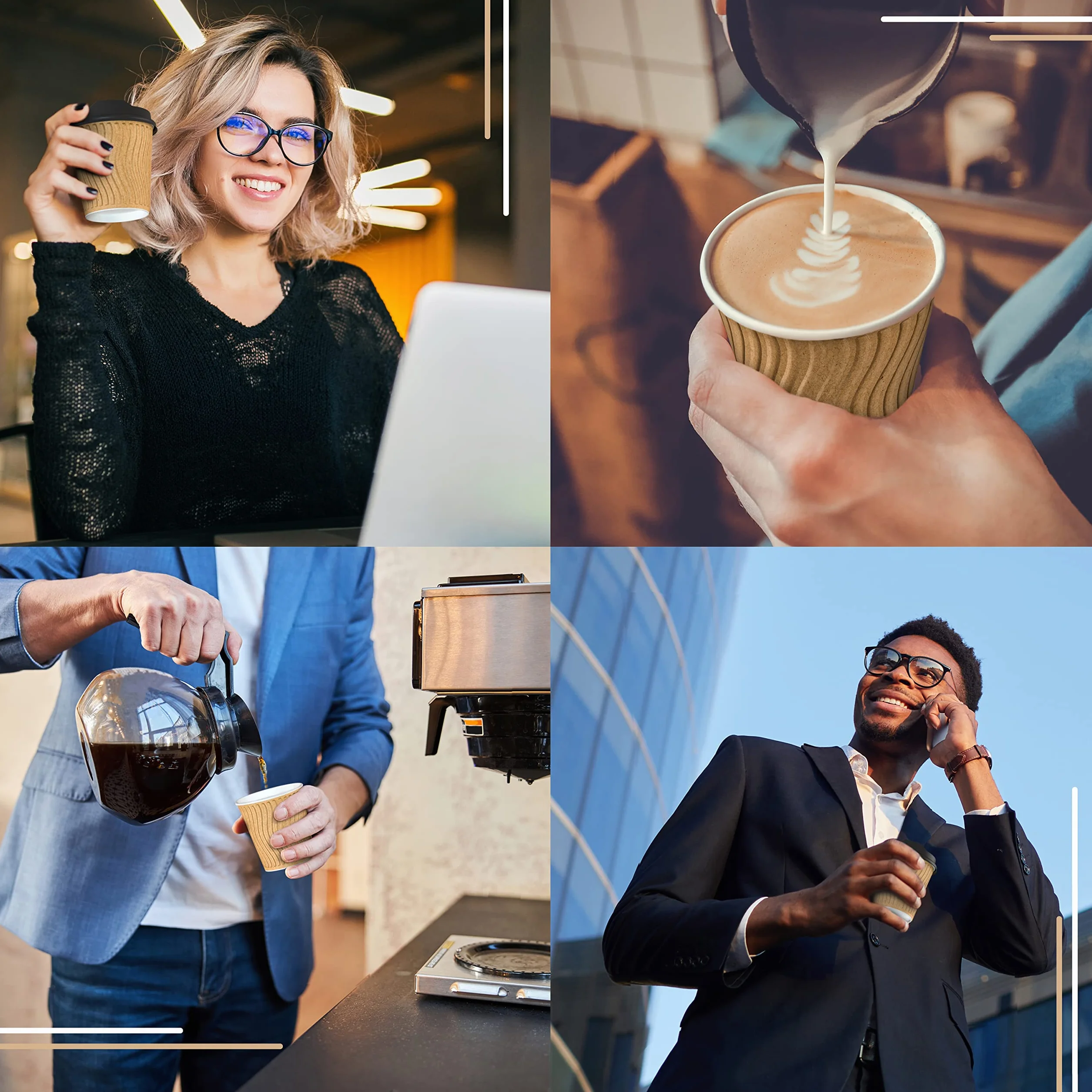 CupCup 110 Falowanych Kubków Kraft 240 ml z Podwójnymi Ściankami 'To Go' z Pokrywkami i Drewnianymi Mieszadłami do Serwowania Kawy na Wynos, Herbaty, Gorących i Zimnych Napojów