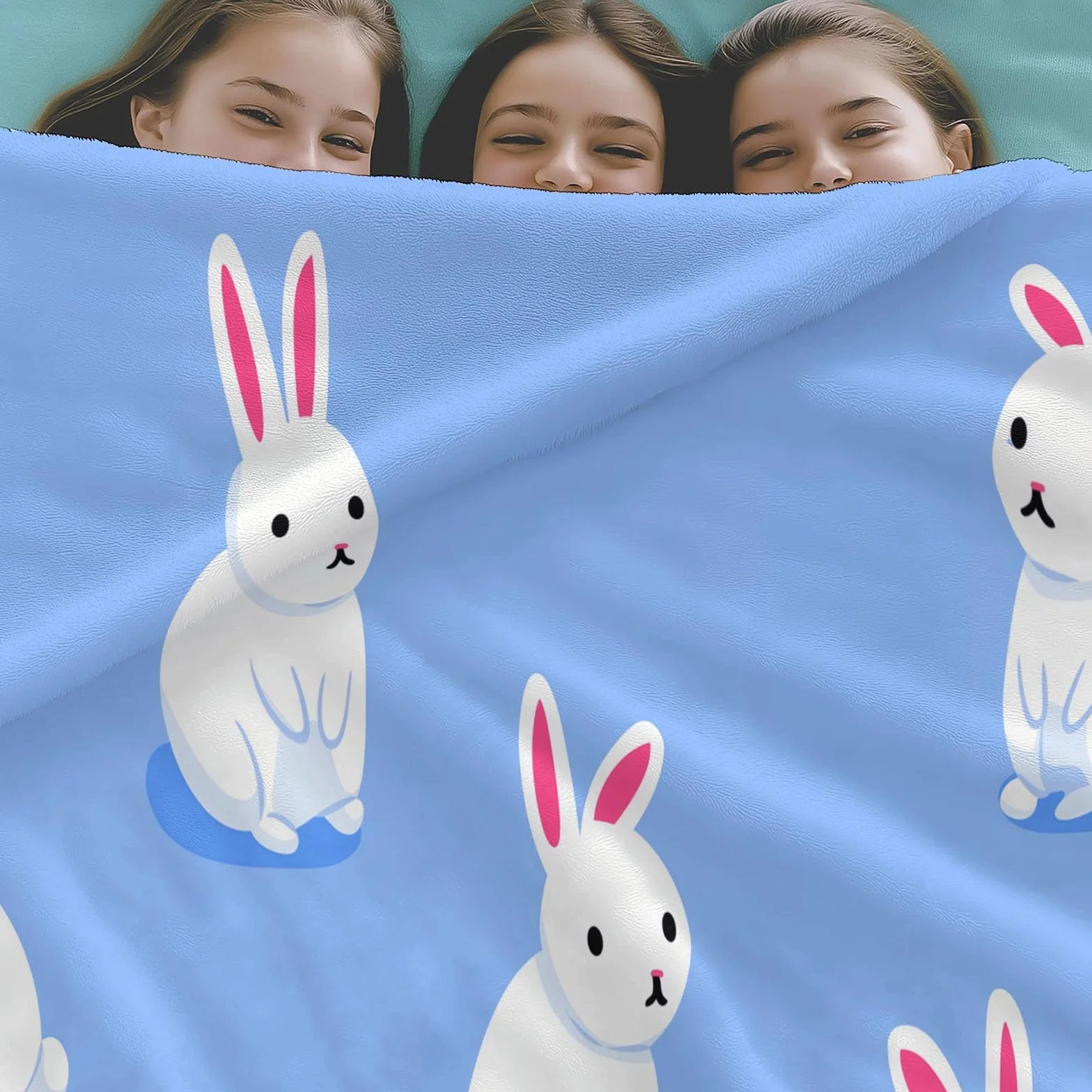 Kreskówka flanelowy koc polarowy zwierzęta królik flanelowy, narzuta na sofę przytulny koc dwuosobowy koc na łóżko w kratę zimowy, 220 x 240 cm błękitny