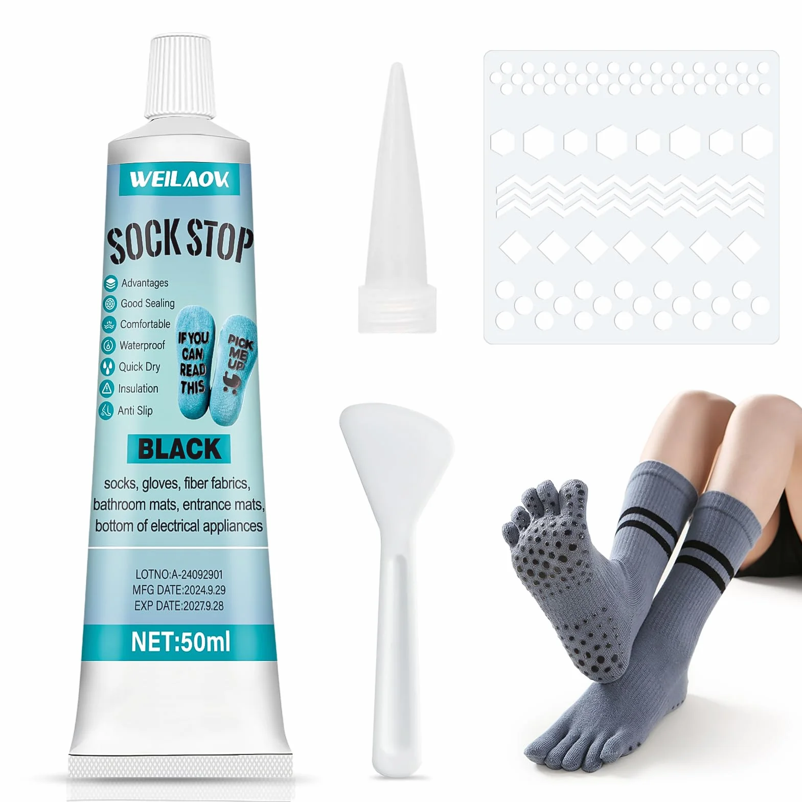 Sock Stop Liquid, antypoślizgowy zestaw skarpet, antypoślizgowe rozwiązanie skarpet, zmywalne, płynny klej antypoślizgowe skarpety, maty łazienkowe, czarne