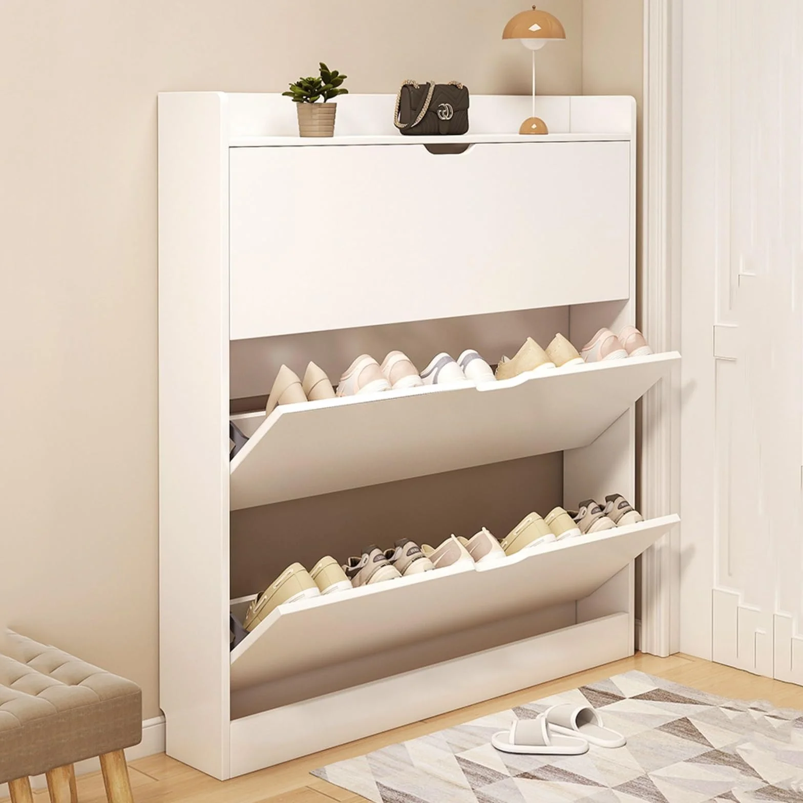 Szafka na Buty Drewniana - Do Przechowywania w Korytarzu, Salonie, Sypialni, Przedpokoju - Biała (50 * 17 * 120 cm)