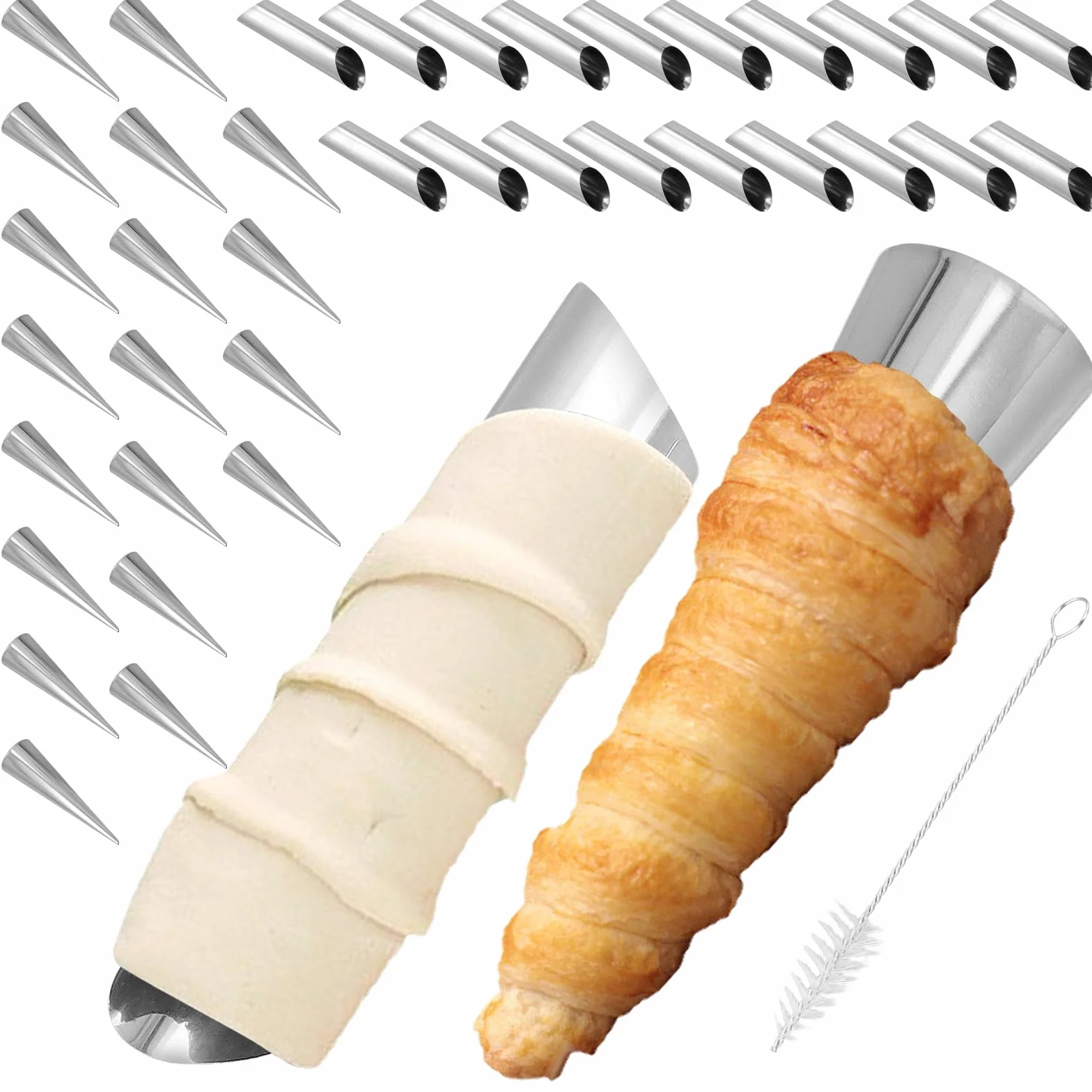 FUNSUEI Cannoli 40 sztuk foremek do pieczenia ze stali nierdzewnej, rurki ze szczotk? do czyszczenia, 12 x 3 cm, ma?e rurki Cannoli, zestaw do kuchni, piekarni