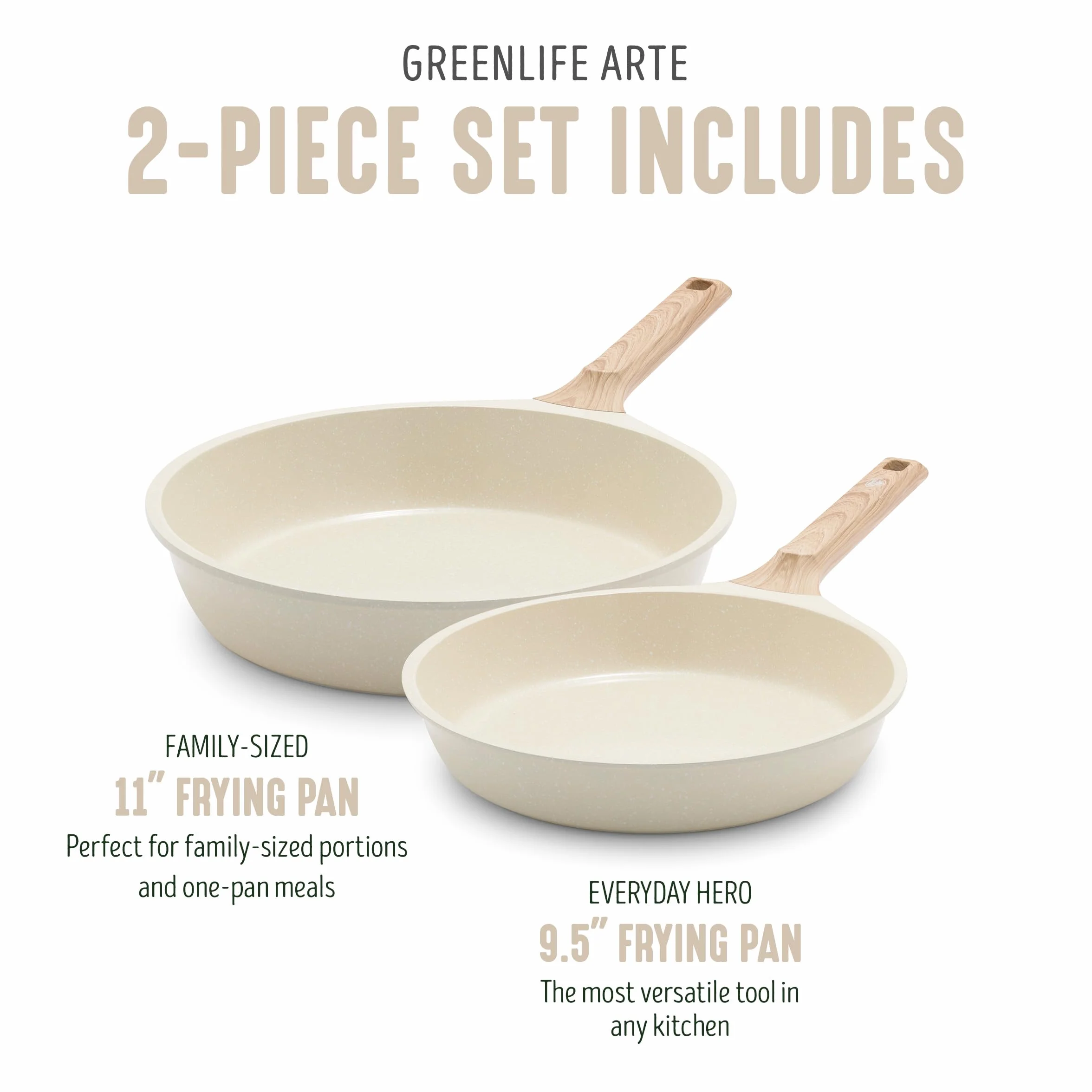 GreenLife Arte 2-częściowy zestaw patelni, ceramiczne patelnie nieprzywierające 24 cm i 28 cm, odpowiednie indukcyjne, nietoksyczne bez PFOA i PFAS, uchwyty z nadrukiem drewnianym, nadają się do mycia