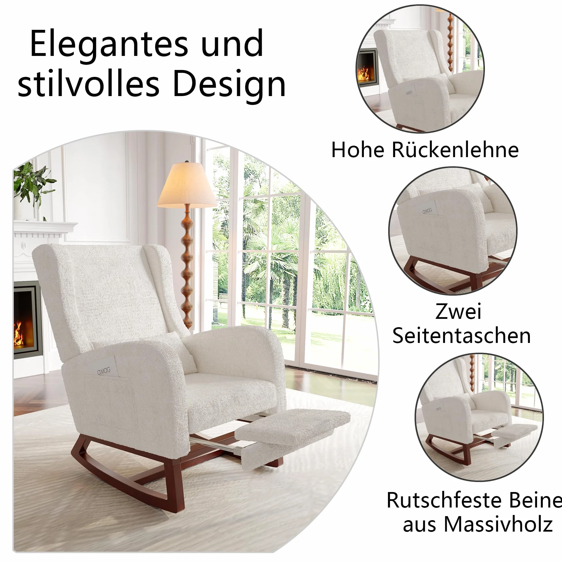 Accent fotel bujany z podstawą z litego drewna, nowoczesny, wygodny fotel tapicerowany z poduszką pod plecy i zwiewnym podnóżkiem, sofa, bujany z boczną kieszenią, do domu (Sherpa Boucle,