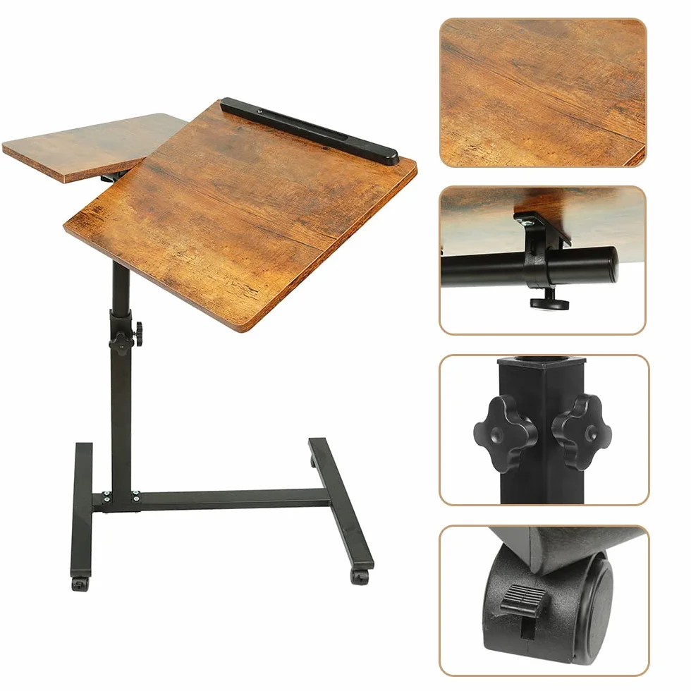 HUOLE Stolik na laptopa z regulacją wysokości z 4 kółkami obrotowymi, biurko na laptopa z automatyczną dźwignią do sypialni, biura, 60 x 34,5 x 58-90 cm (brązowy)