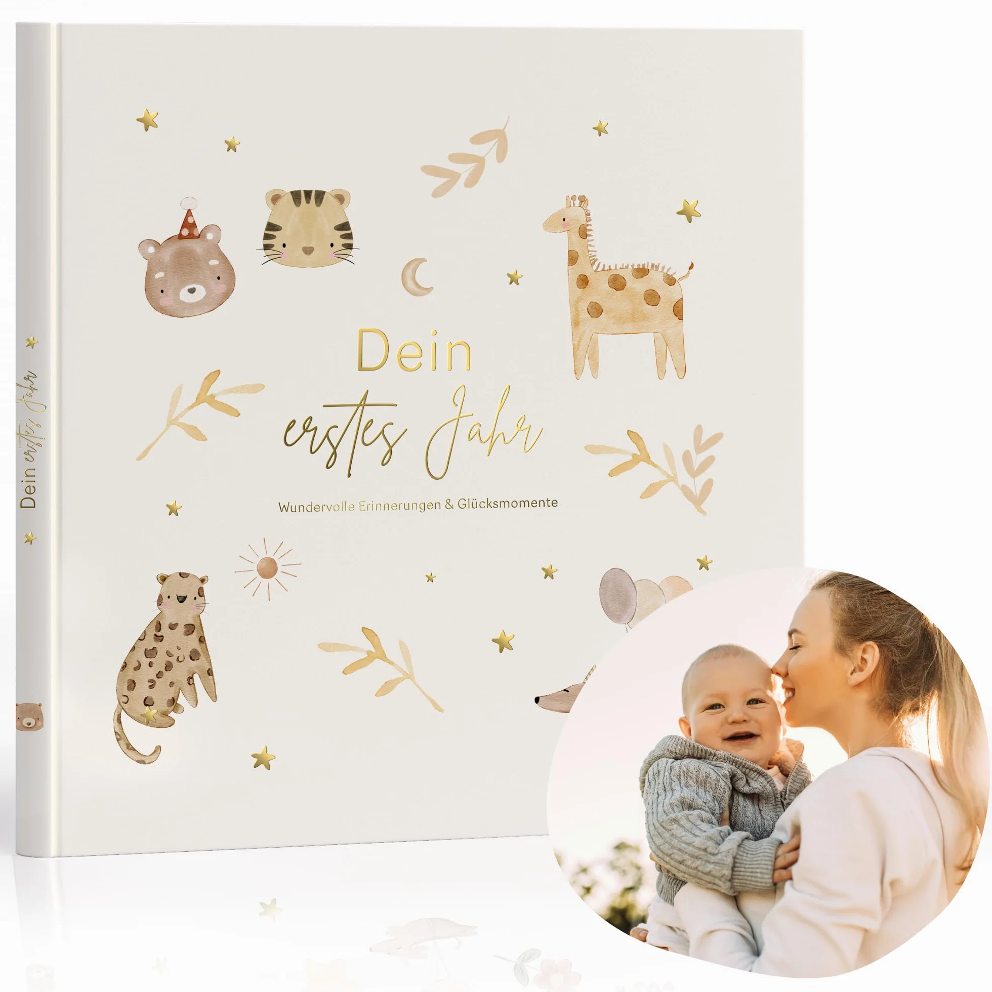 MeinBaby123 Album dla niemowląt Wysokiej jakości pozłacany 136 stronami z wypełnieniem na pierwszy rok, prezent na narodziny, prezent dla niemowląt, pamiętnik dla niemowląt do wypełnienia na kamienie