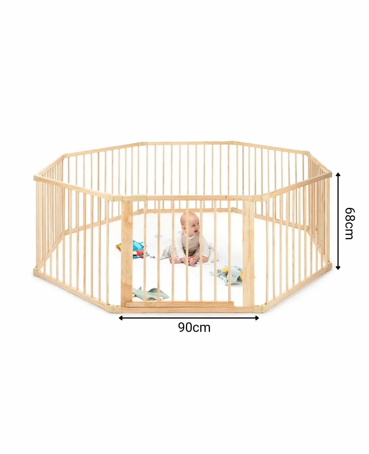 Tavora Kojec dla niemowląt i małych dzieci, drewniany plac zabaw z jasnego drewna świerkowego z drzwiczkami, 8 elementów po 90x68 cm, bezpieczna barierka chroni przy raczkowaniu i stawianiu kroków