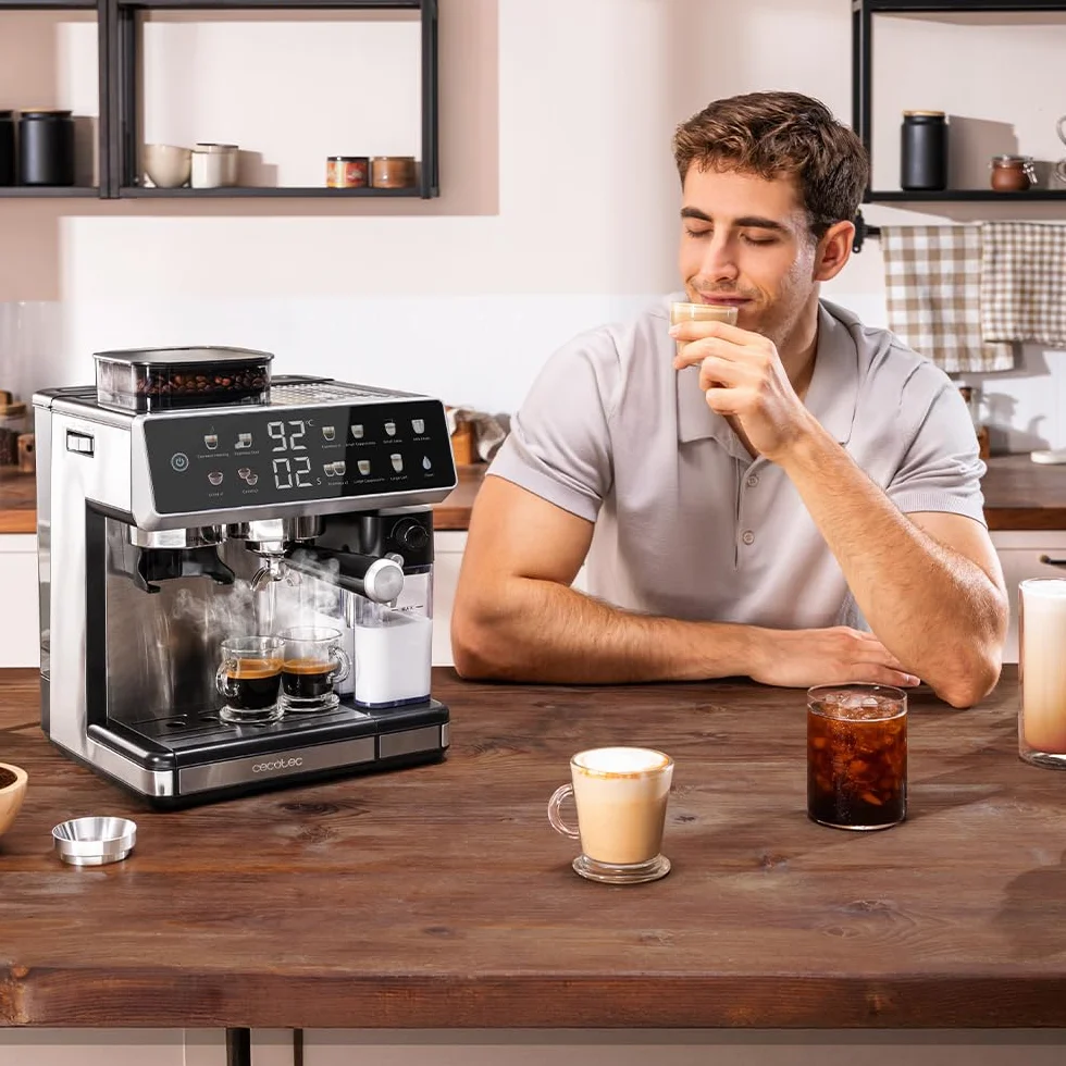 Cecotec Ekspres do kawy Barista Power Espresso 20 Barista Grind & Latte. 1350W, 20 barów, młynek stożkowy, 2,6 l zbiornik na wodę, 100g kawy i 500ml mleko, ekran dotykowy, samoczyszczenie, dostosowany