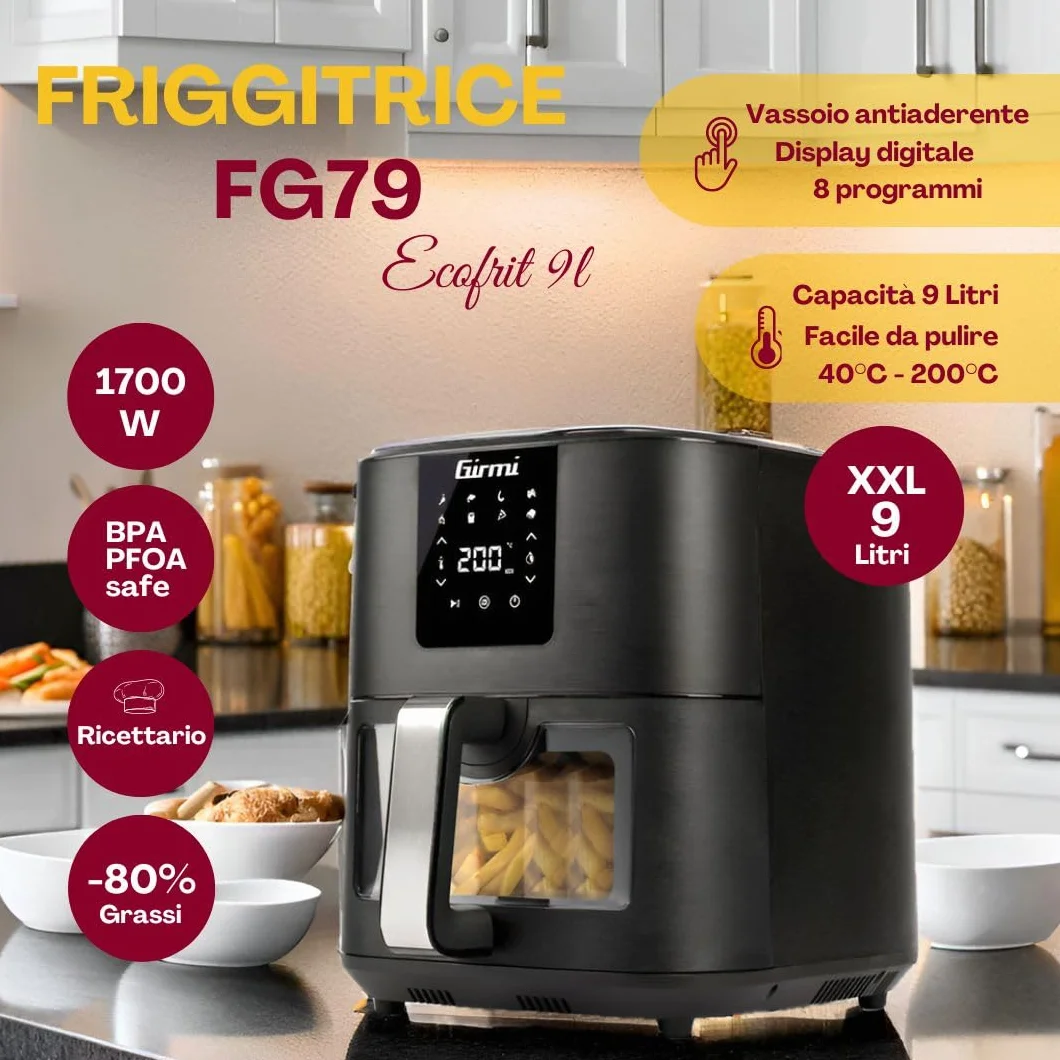Girmi FG79 Ecofrit 9L frytkownica powietrzna, 1700 W, 9 litrów XXL, 8 programów, wyświetlacz cyfrowy, oświetlenie wewnętrzne, timer, książka kucharska w zestawie