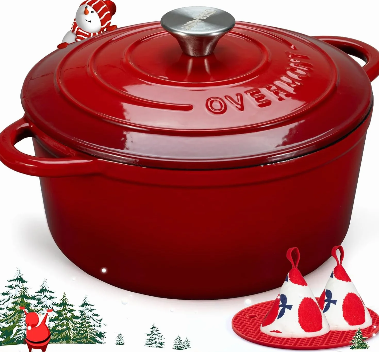 Overmont Gryta Garnek Żeliwny, Czerwony, 5 l