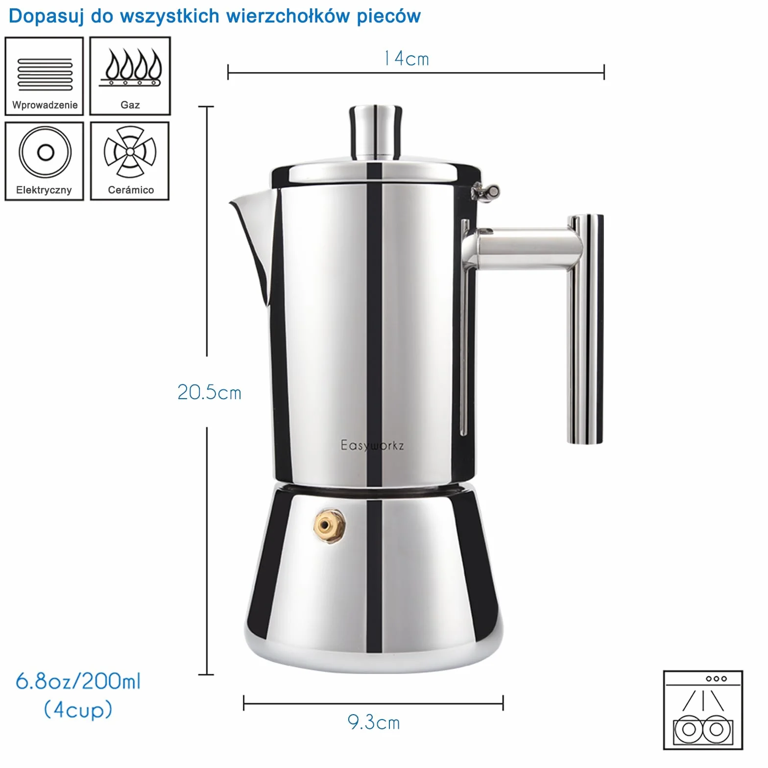 Easyworkz Diego Ekspres do kawy z płytą kuchenną Espresso Moka Pot 300 ml (6 filiżanek), srebrny