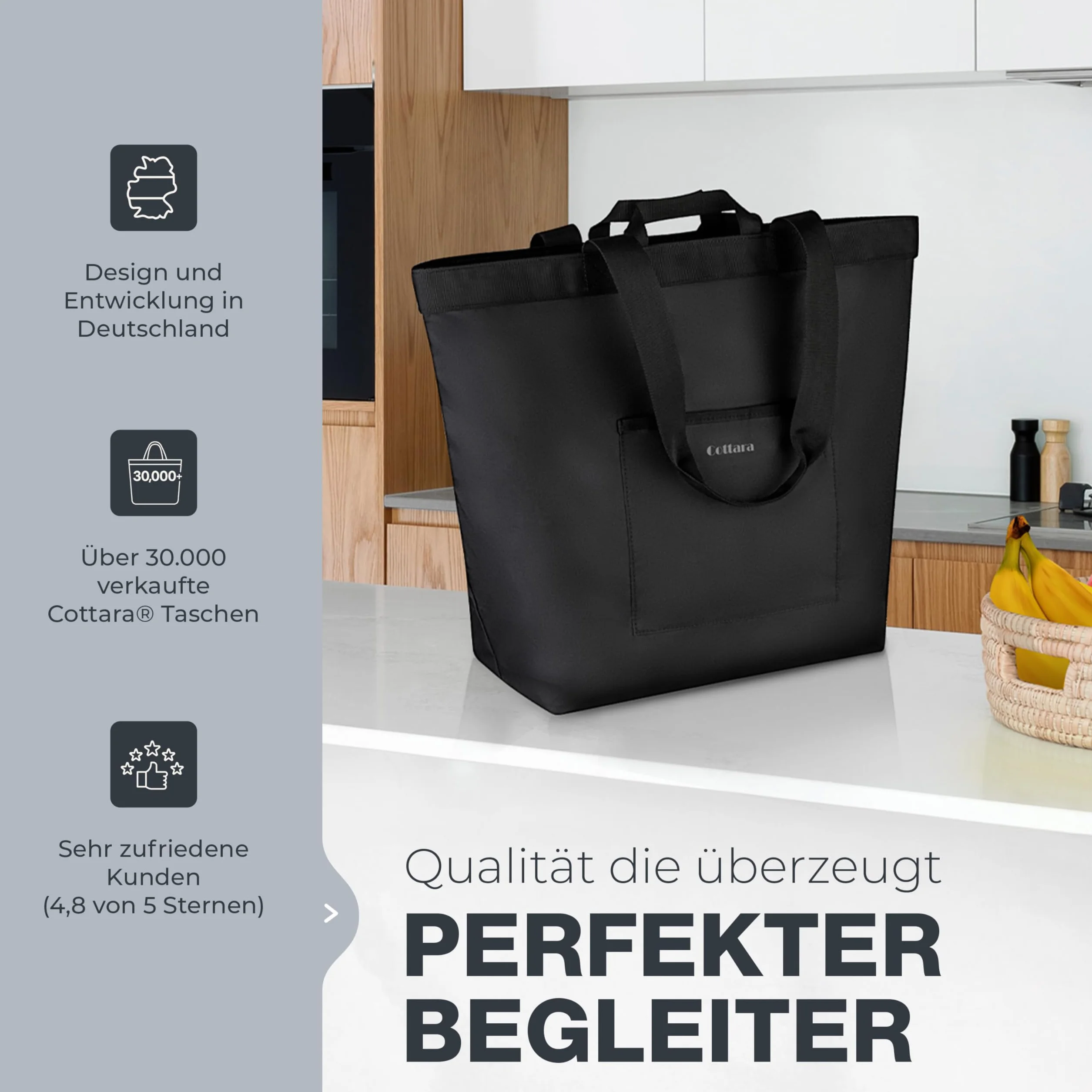 COTTARA® Torba na zakupy, składana, duża, z zamkiem błyskawicznym, wzmocnionym dnem i wodoodpornym materiałem, idealna jako torba rekreacyjna, torba na zakupy lub torba kąpielowa, czarna, 40 l