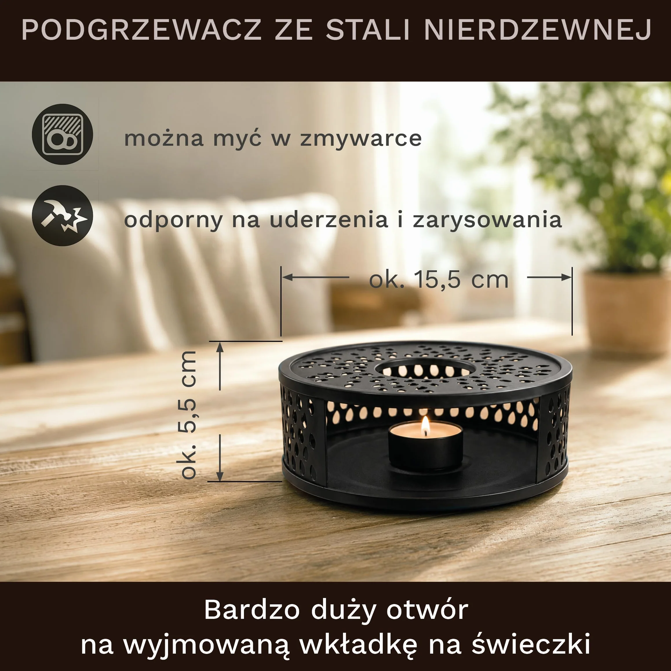 Creano Dzbanek do herbaty ze szkła 1,6 l + czarny podgrzewacz ze stali nierdzewnej – szklany dzbanek do herbaty z filtrem ze stali nierdzewnej i pokrywką – idealny do przygotowywania herbaty sypkiej