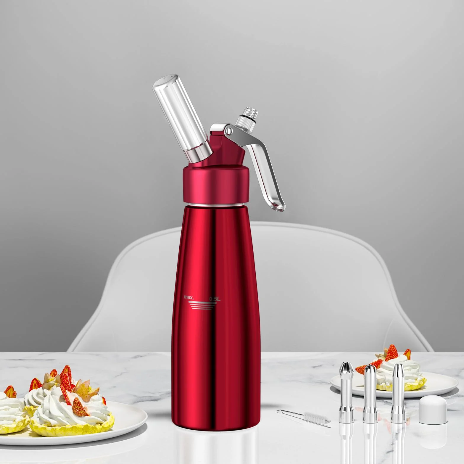 Newaner Syfon do bitej śmietany 500 ml, z aluminium, z 3 końcówkami ze stali nierdzewnej, 1 szczotka do czyszczenia, do dekoracji tortów urodzinowych, ciast, lodów i deserów