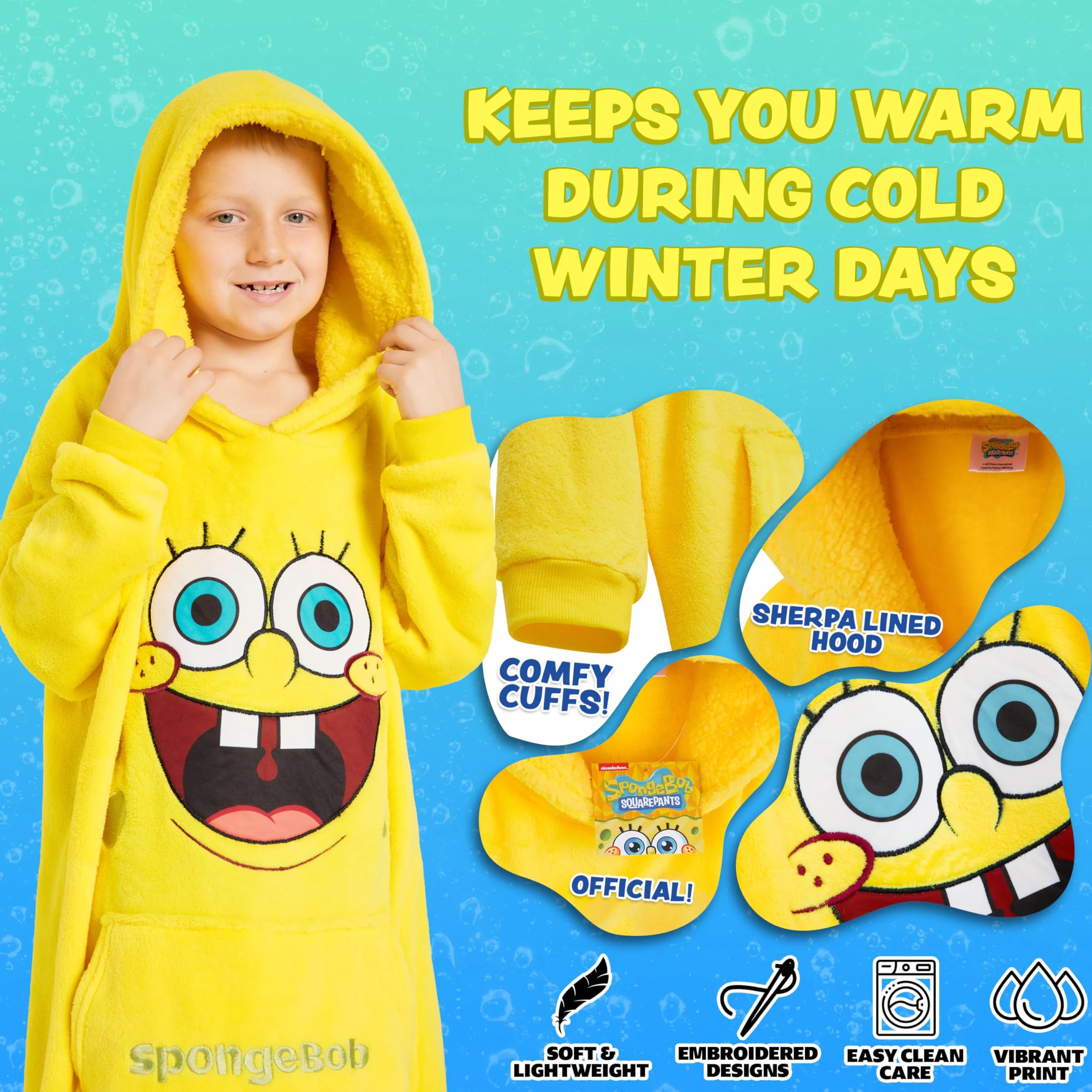SPONGEBOB SQUAREPANTS Koc z Kapturem dla Dzieci Ponczo z Polaru dla Dziewczynek Chłopcy Nastolatki - Jeden Rozmiar Miękki Polarowy Koc z Kapturem - Oficjalne Prezenty dla Dzieci Żółty