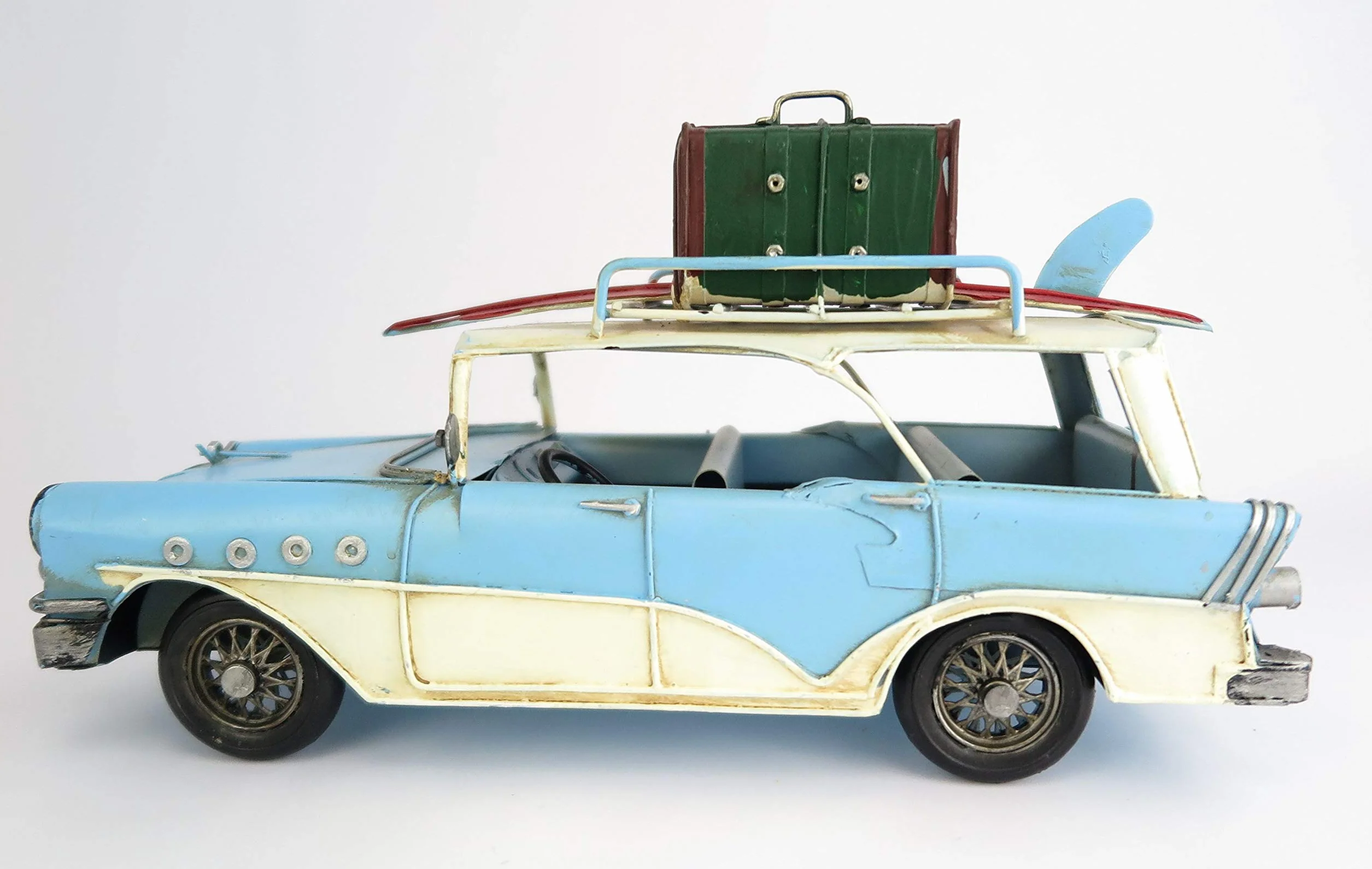 Samochód blaszany oldtimer kombi Stationcar z deską surfingową nostalgia dekoracja retro model blaszany model samochodu Shabby Vintage Kalifornia