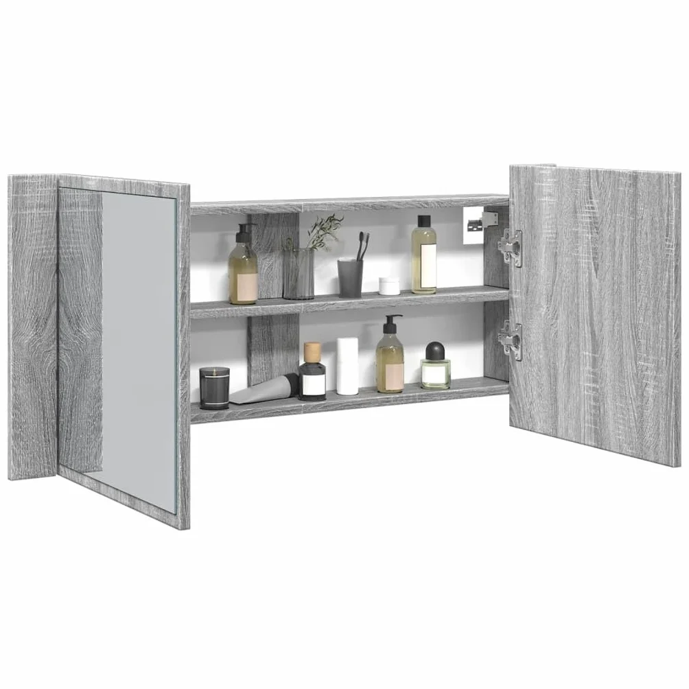 Szafki i przechowywanie – szafka łazienkowa LED z lustrem szara Sonoma 100 x 12 x 45 cm