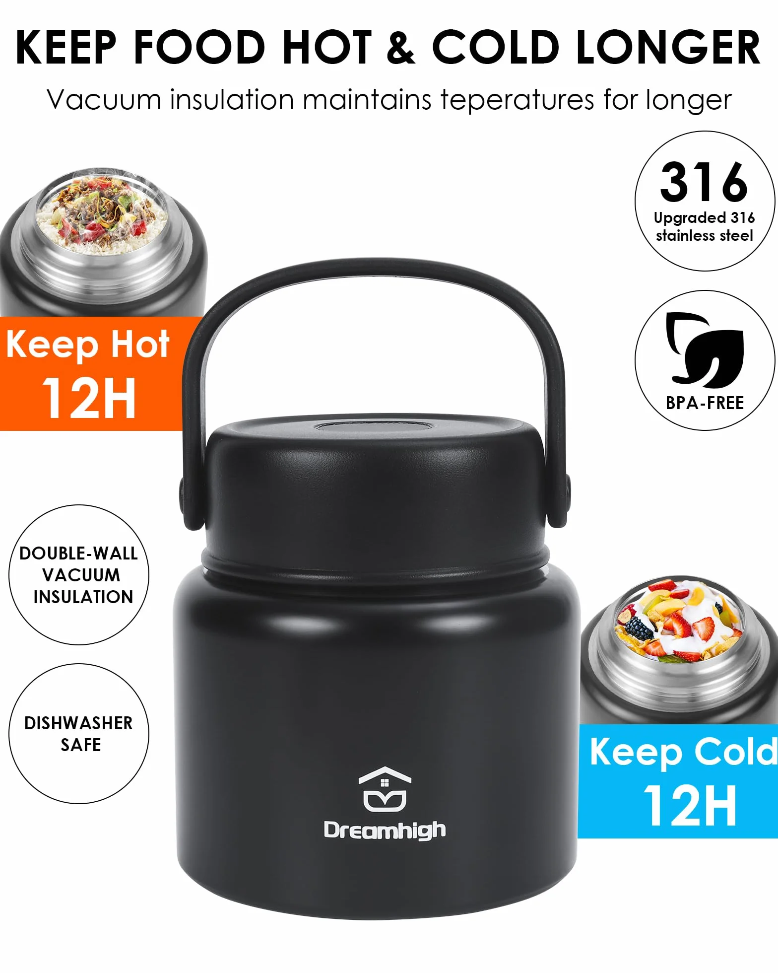 Dreamhigh® Pojemnik termiczny na żywność, 500 ml, ze stali nierdzewnej, z uchwytem, termos na jedzenie, szczelny, w zestawie łyżka, zachowuje 12 godzin ciepło, 12 godzin zimno (czarny, 500 ml)