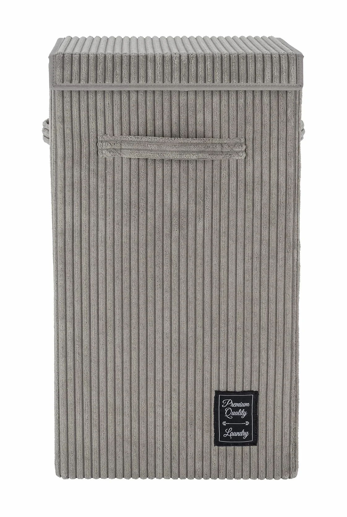 WENKO Kosz na pranie Cora szary, nowoczesny kosz na pranie z puszystego sztruksu, z pokrywą na rzepy i 3 uchwytami do noszenia, pojemność 63 l, 33 x 58 x 33 cm, 100% poliester