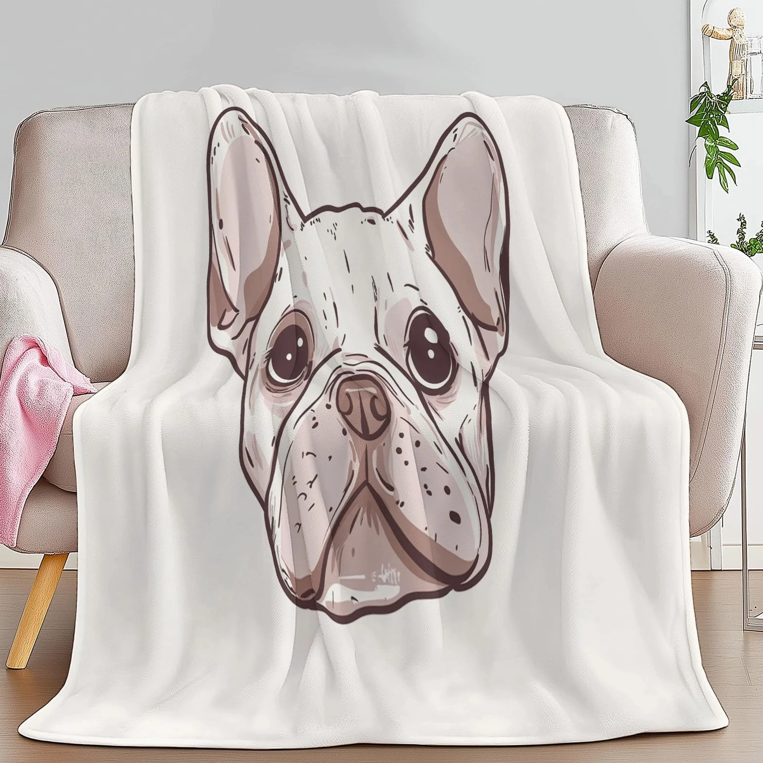 Koc polarowy w linie francuskich buldogów, narzuta na sofę polarową, koc na łóżko 2-osobowe, gruby miękki i ciepły, wysokiej jakości pled 220 x 240 cm Biały