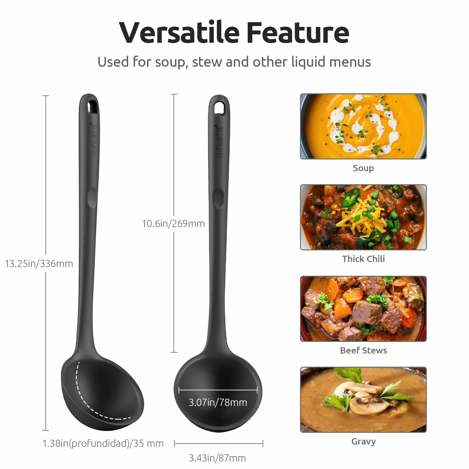 34 cm silikonowa chochla do zupy: U-Taste 315℃ Odporna na ciepło, nieprzywierająca, bezszwowa guma Duża kuchnia Głęboka łyżka do serwowania z antypoślizgową, solidną, długą rączką (Czarny)