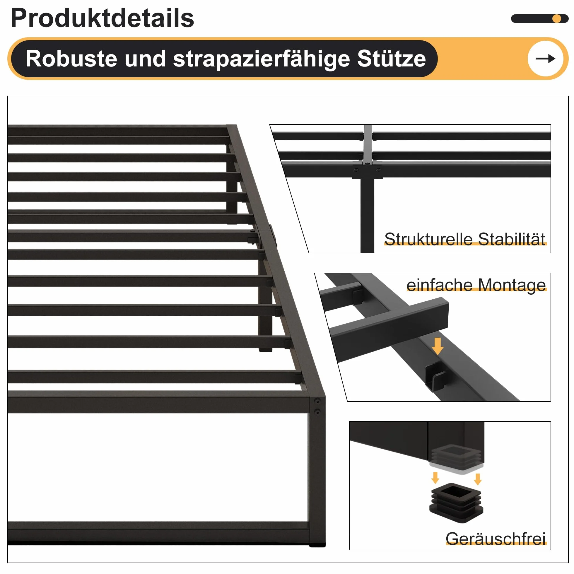 Yicensen Metalowe łóżko 90 x 200 cm ze stelażem metalowym, wysokość 35 cm, rama łóżka, łóżko pojedyncze, stabilny, łatwy montaż, czarne | Nośność 350 kg, wysokość 36 cm, cichy, łatwy montaż, nóżki antyderapants, czarne