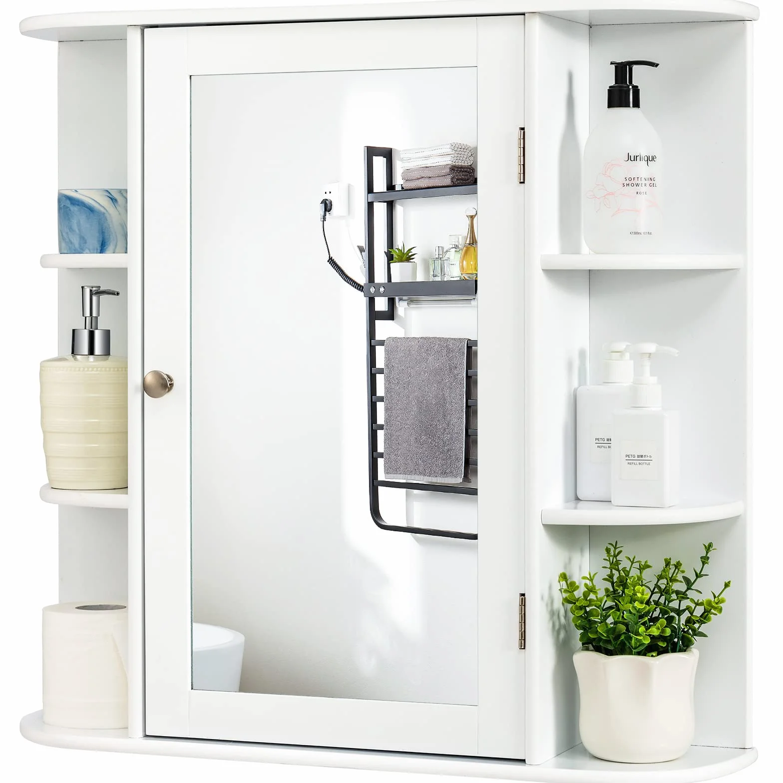COSTWAY Wisząca Szafka Łazienkowa z Lustrem, 4 Zamykane Półki i 6 Otwartych, Drewniana, 66 x 17 x 63 cm, Biała – Duża Przestrzeń i Nowoczesny Design