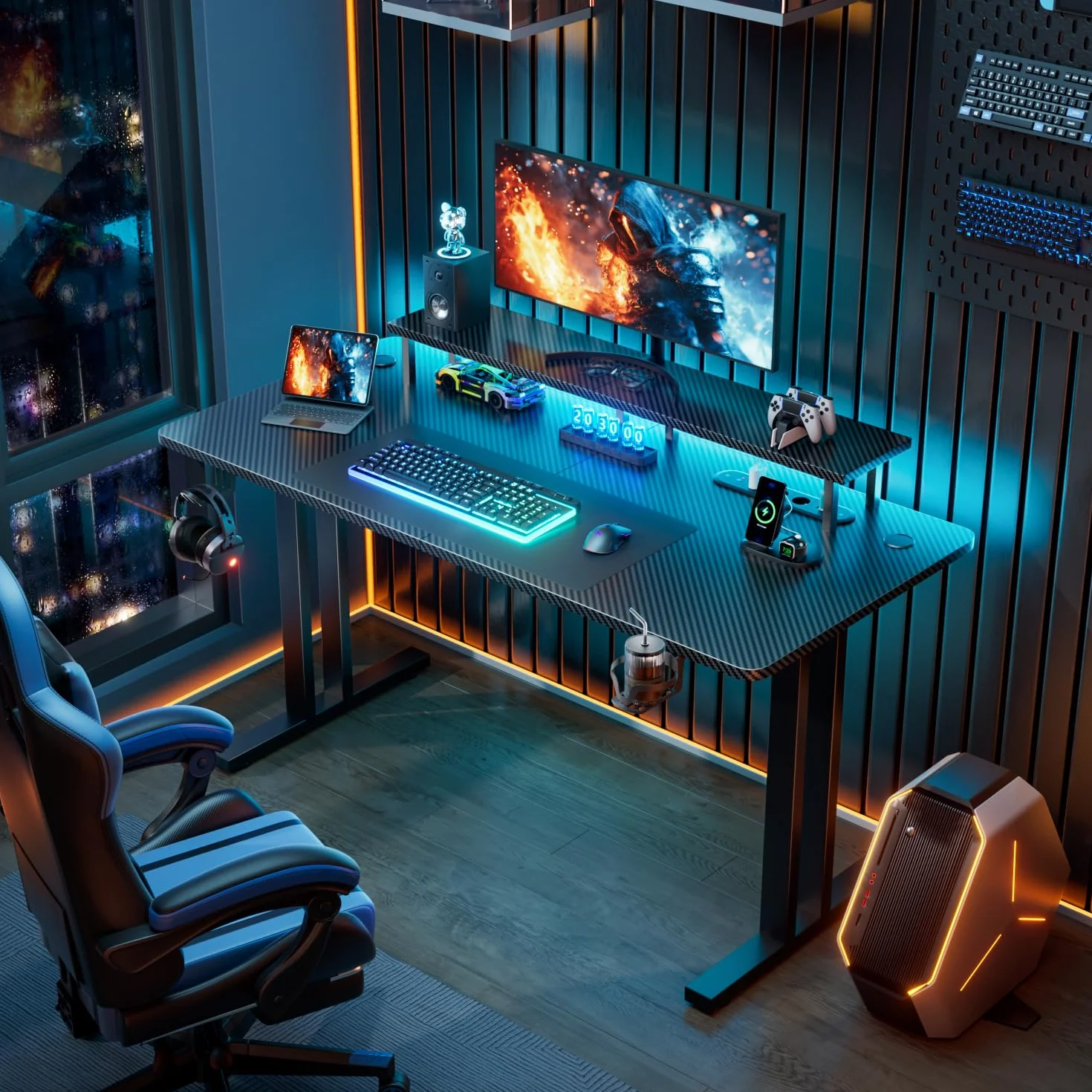 HLONONE Stół do gier LED 120 x 60 cm, Biurko gamingowe z 3 gniazdkami i 2 portami USB, stół dla graczy PC z uchwytem na monitor, stabilny stół komputerowy do gier i do biura, czarny