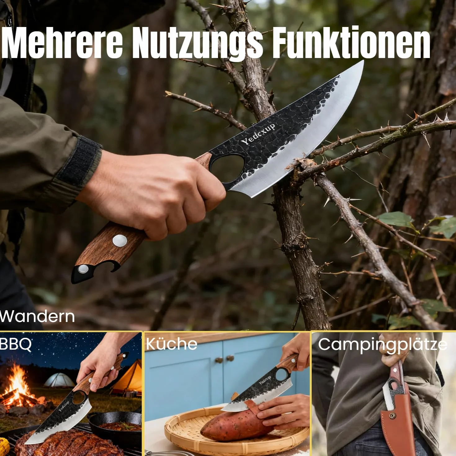 Nóż szefa kuchni 15 cm, ostry, japoński nóż kuchenny ze stali nierdzewnej HC, solidne noże outdoorowe ze skórzaną osłoną, do domu, grilla, na kemping, idealny do cięcia, odkostniania i siekania