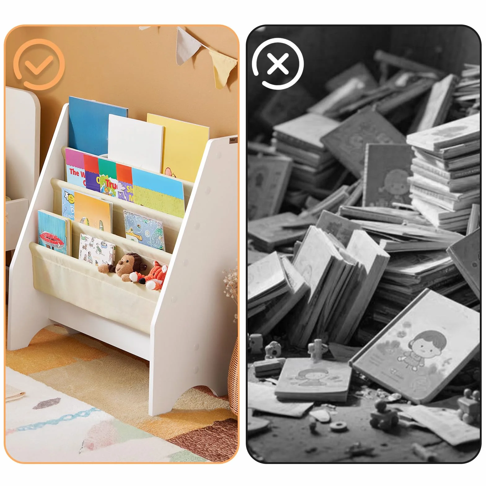 SoBuy Biblioteczka dla Dzieci, Regał na Książki i Leksaki z 4 Tkaninowymi Kieszonkami, Meble do Pokoju Dziecięcego do Organizacji Książek i Zabawek, Biały 62x30x71 cm FRG225-W