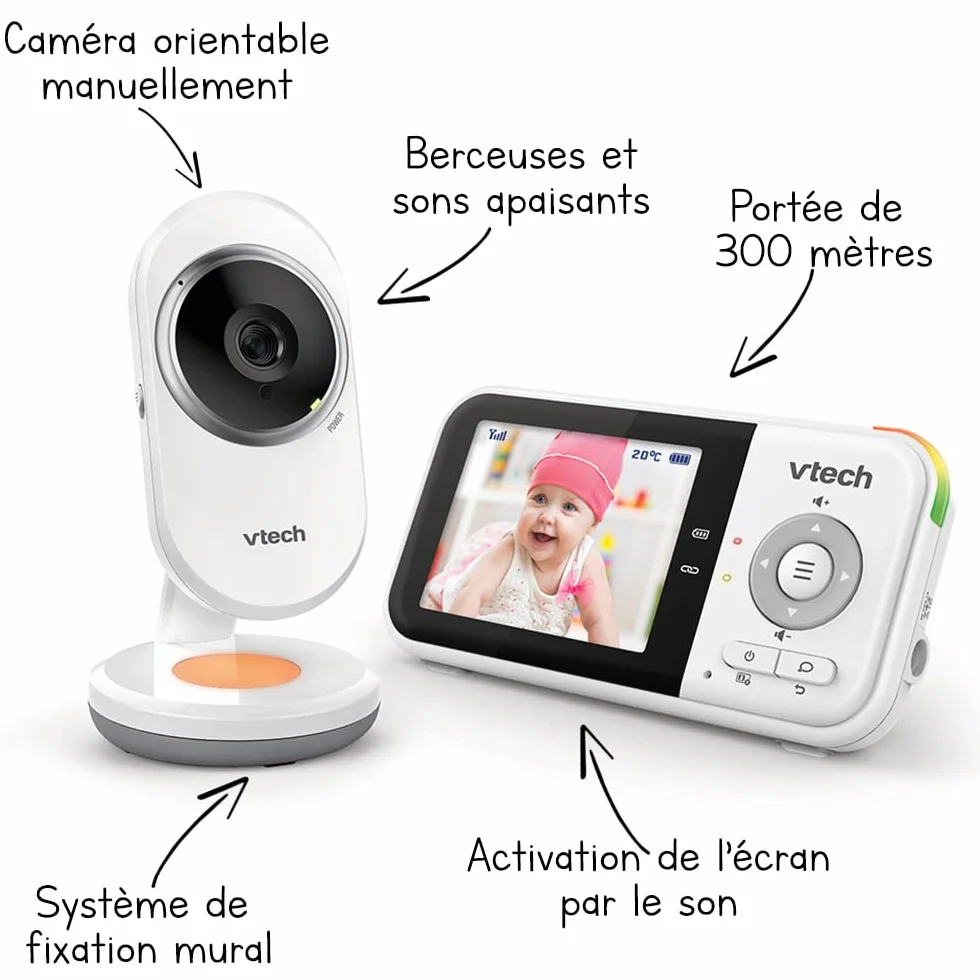 VTech BM3254 Monitor dziecka z kamerą, długi poziom, 2,8" ekran LCD, kolorowe światło nocne, dźwięk południowy i listwy, dwukierunkowy rozmowę - PL wersja biała