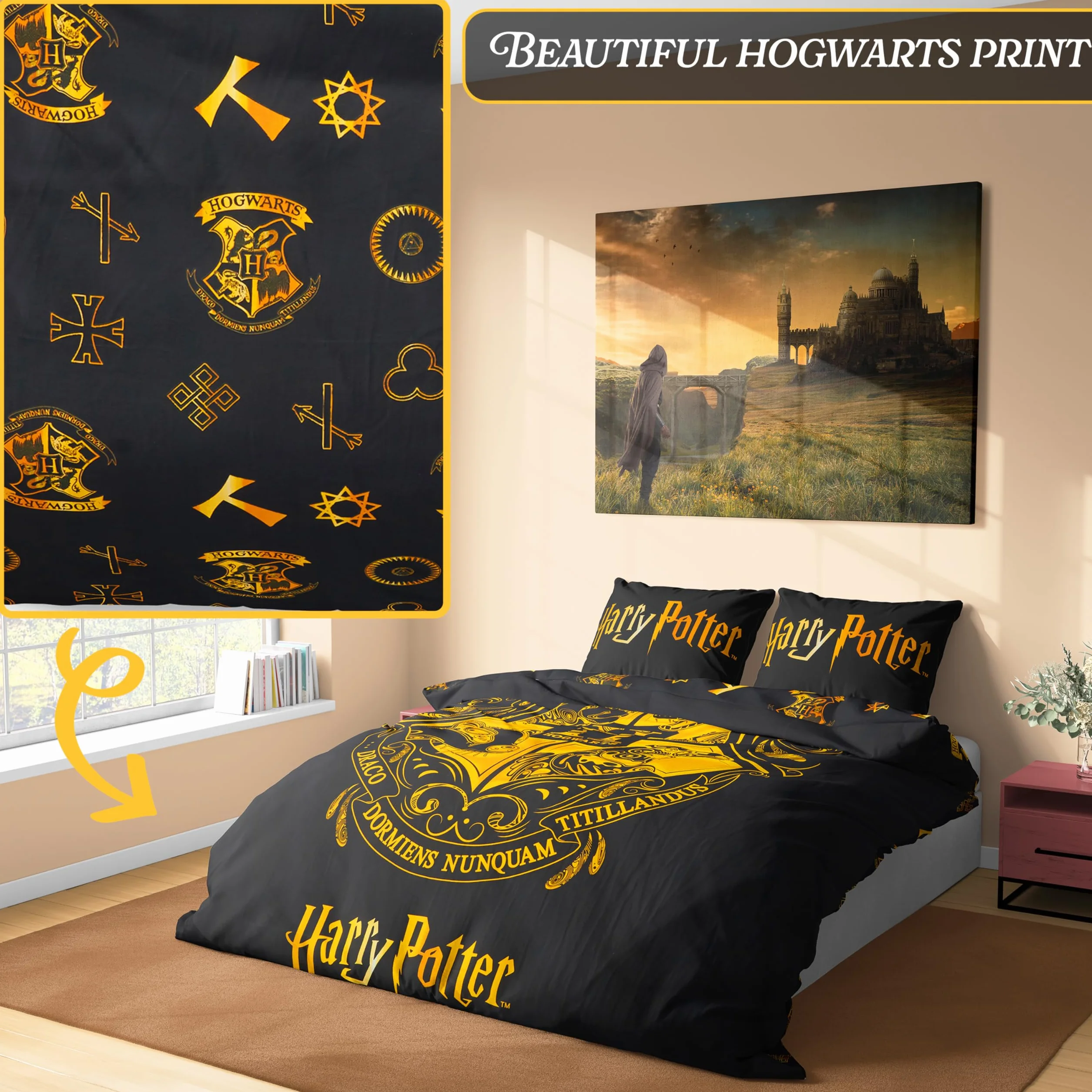 Harry Potter Pościel Zestaw Czarny Podwójny Poszewka na Kołdrę i Poduszkę