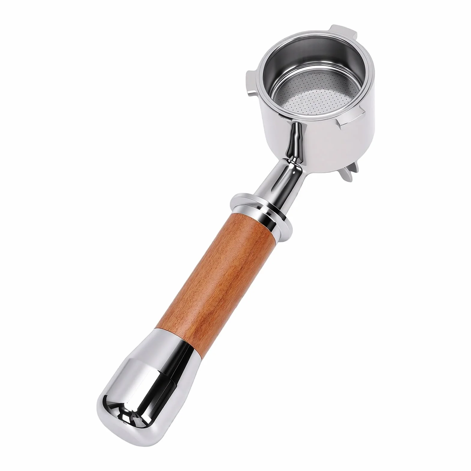 Uchwyt z Drewna Orzechowego 51 Mm Kolba |Ergonomiczna Wymiana Filtra do Kawy ze Stali Nierdzewnej Bez Dna dla Baristy (z dolną podwójną wylewką i trzema uszami)